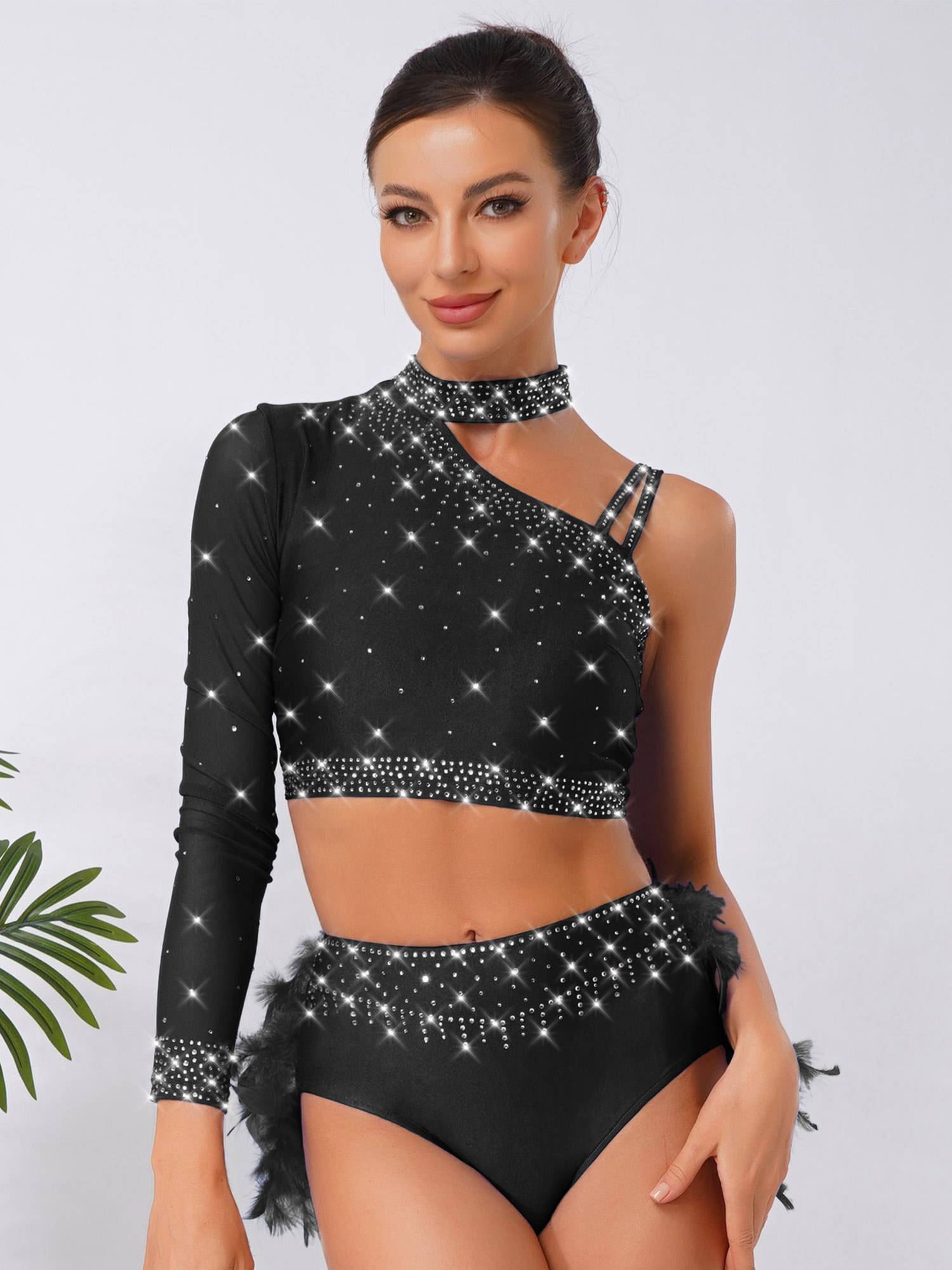 Womens Sparkle Feather Latin Dance OUtfit for Belly Dance, Cha-Cha & Tango