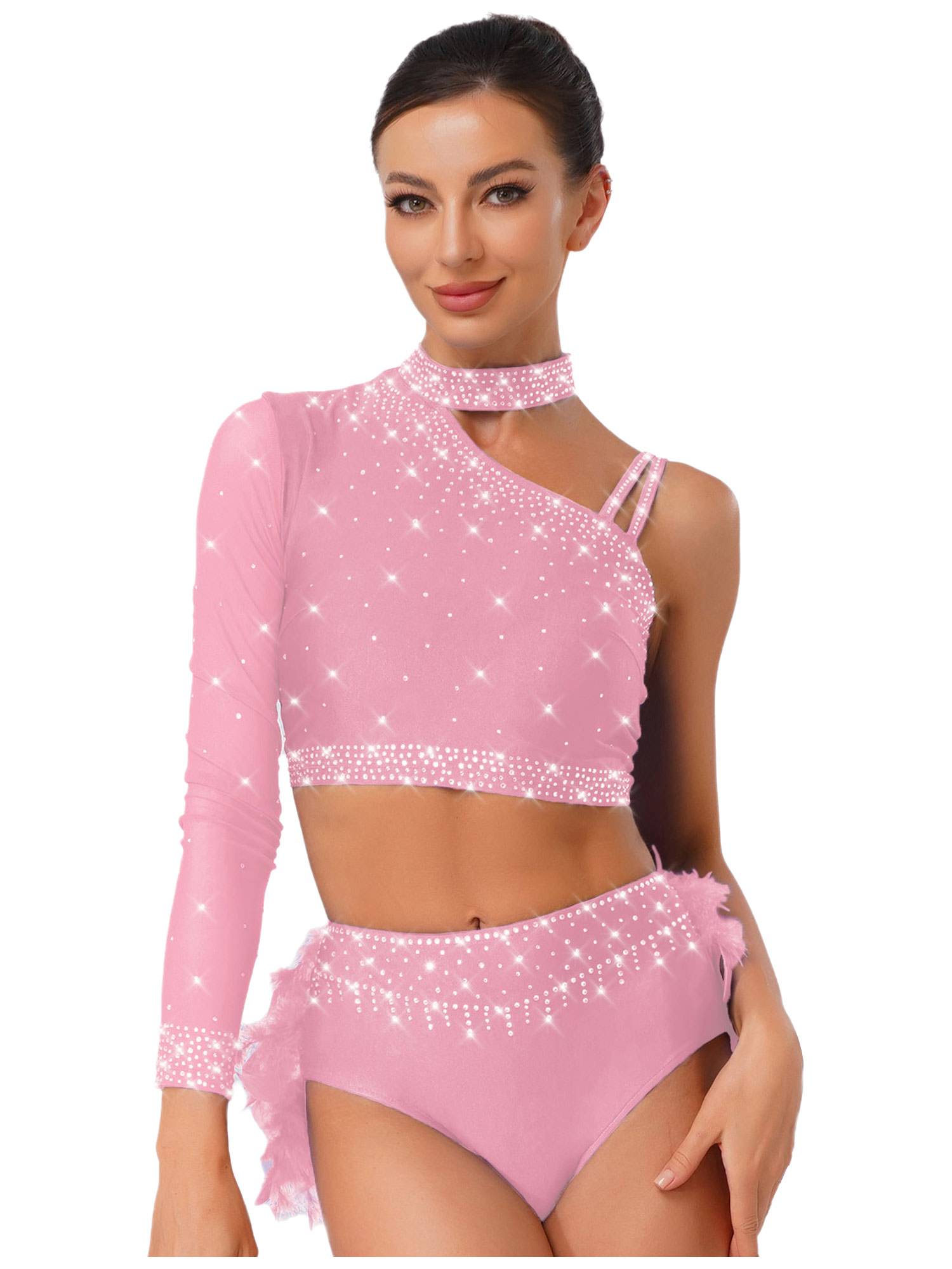 Womens Sparkle Feather Latin Dance OUtfit for Belly Dance, Cha-Cha & Tango