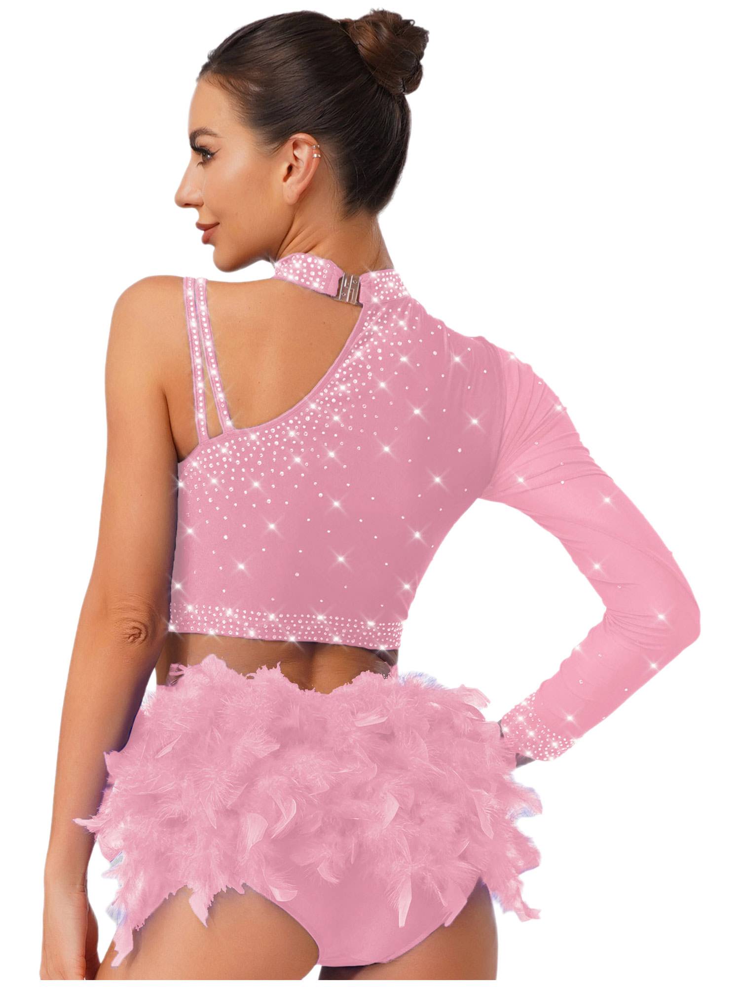 Womens Sparkle Feather Latin Dance OUtfit for Belly Dance, Cha-Cha & Tango