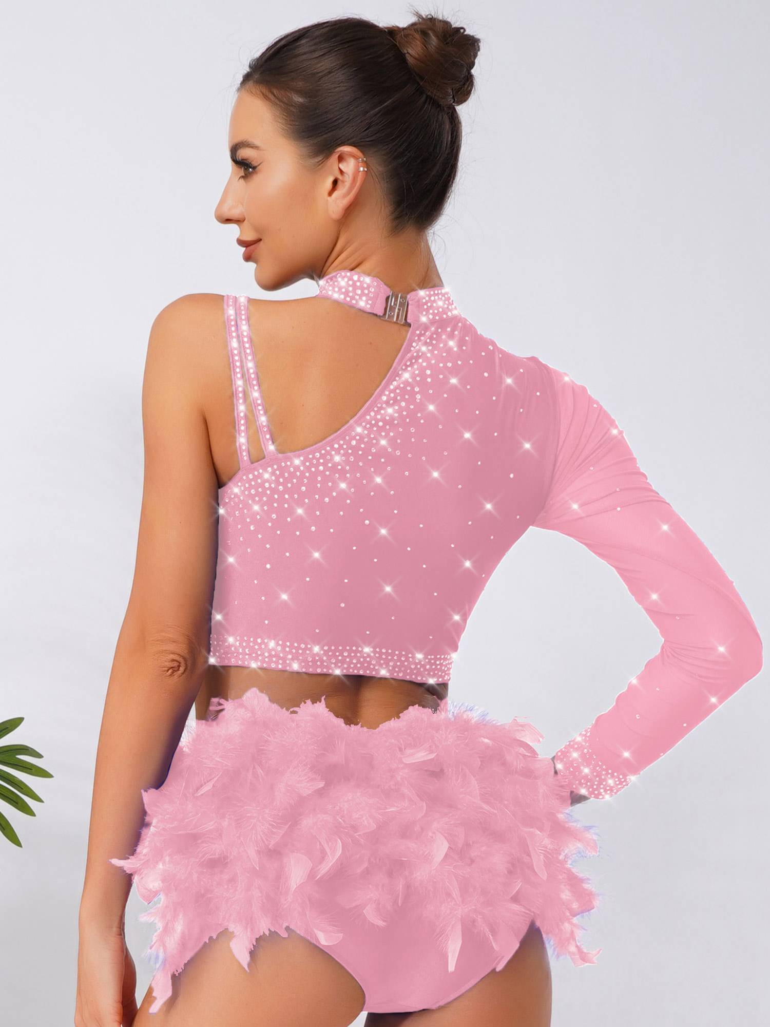 Womens Sparkle Feather Latin Dance OUtfit for Belly Dance, Cha-Cha & Tango