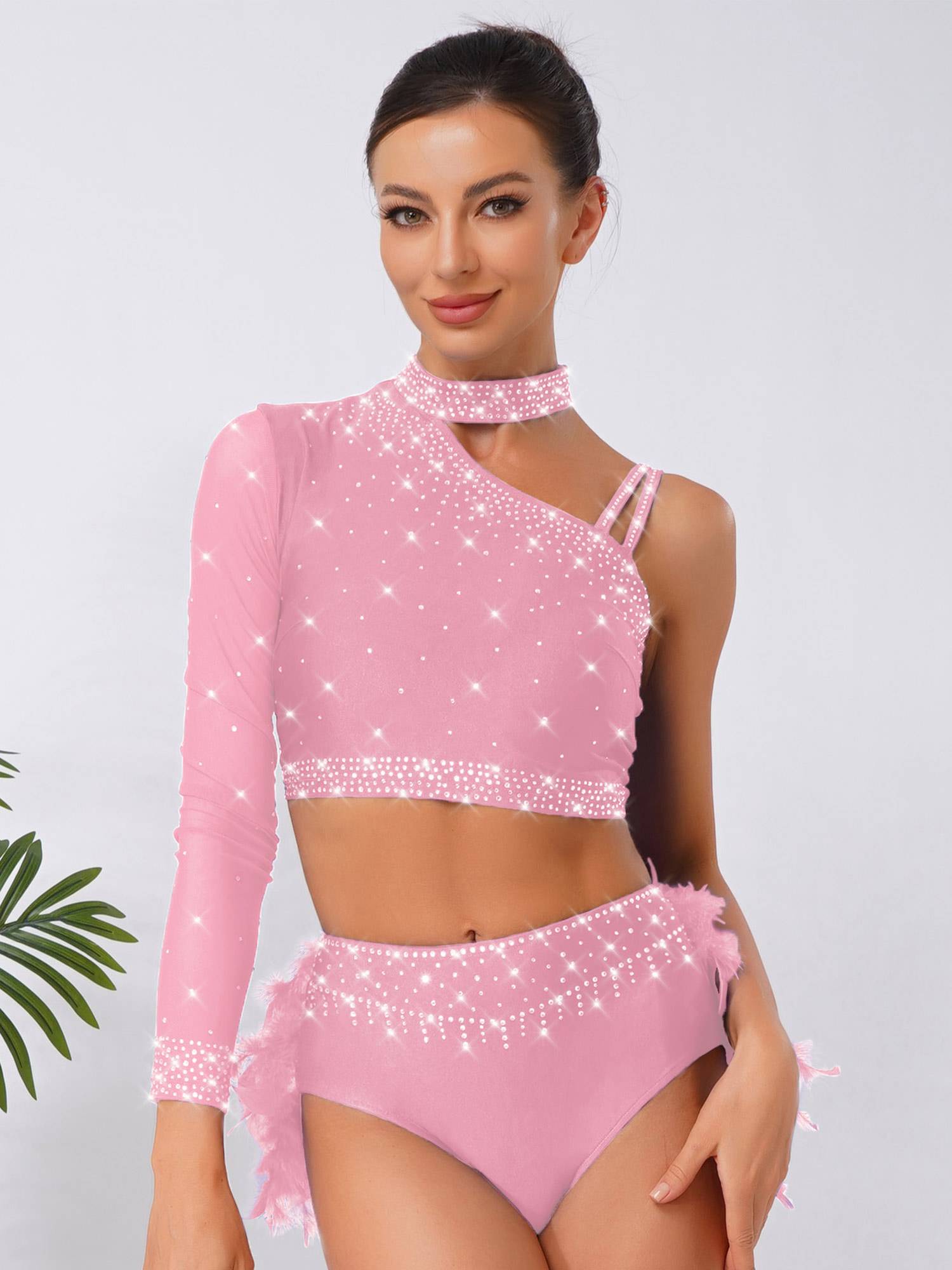 Womens Sparkle Feather Latin Dance OUtfit for Belly Dance, Cha-Cha & Tango