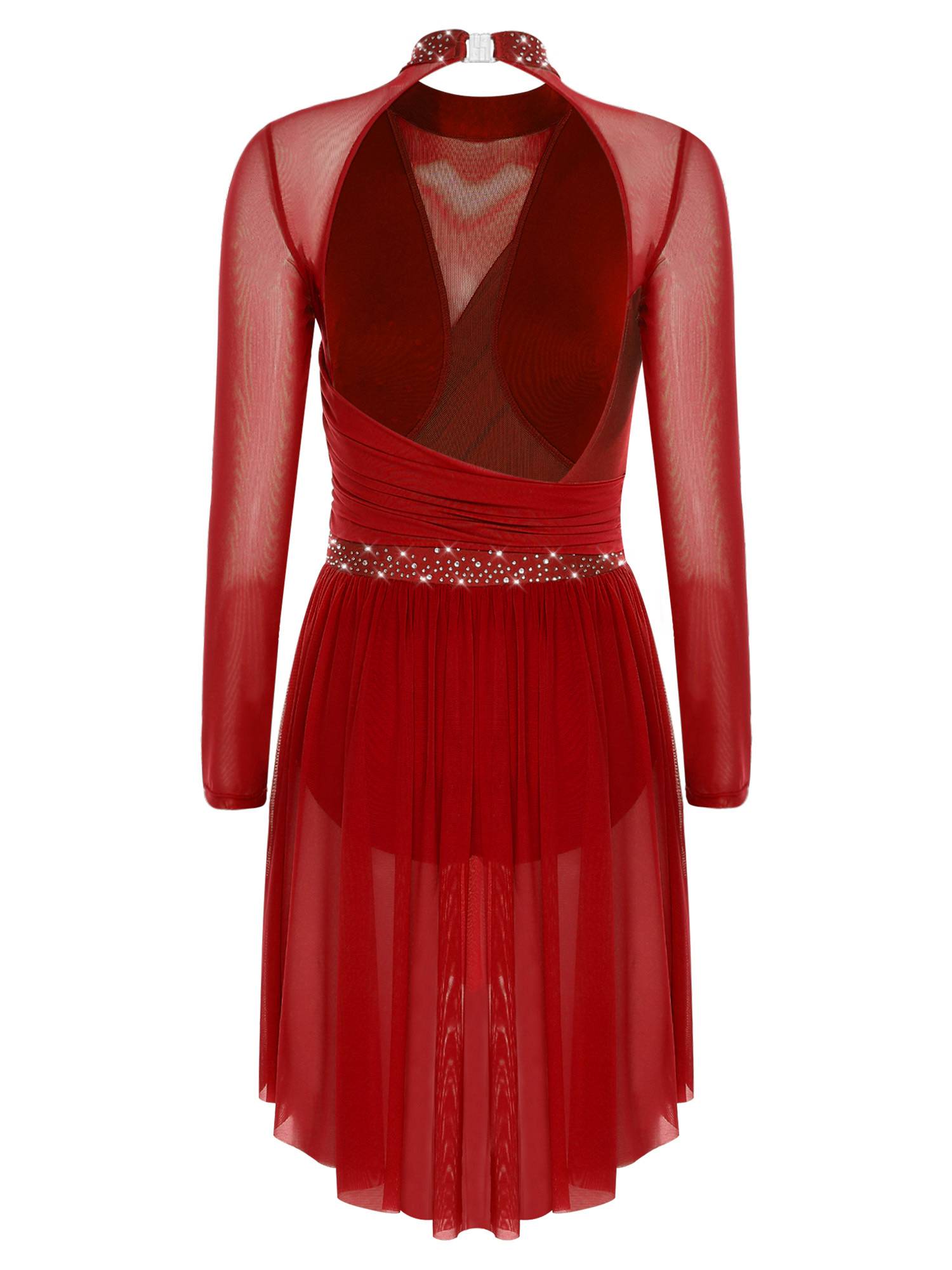 Women Rhinestone Long Sleeve Lyrical Dance Dress Side Slit Modern Dance Costume