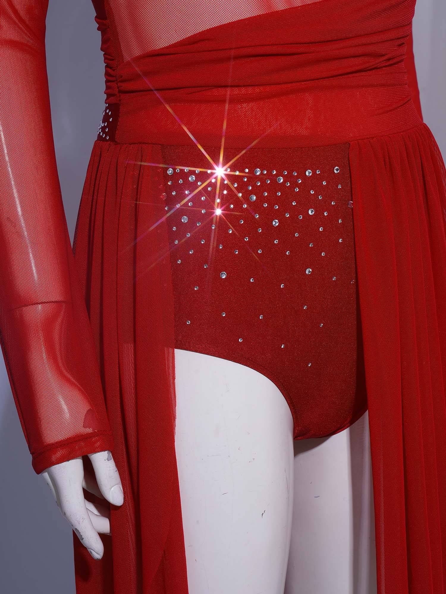 Women Rhinestone Long Sleeve Lyrical Dance Dress Side Slit Modern Dance Costume