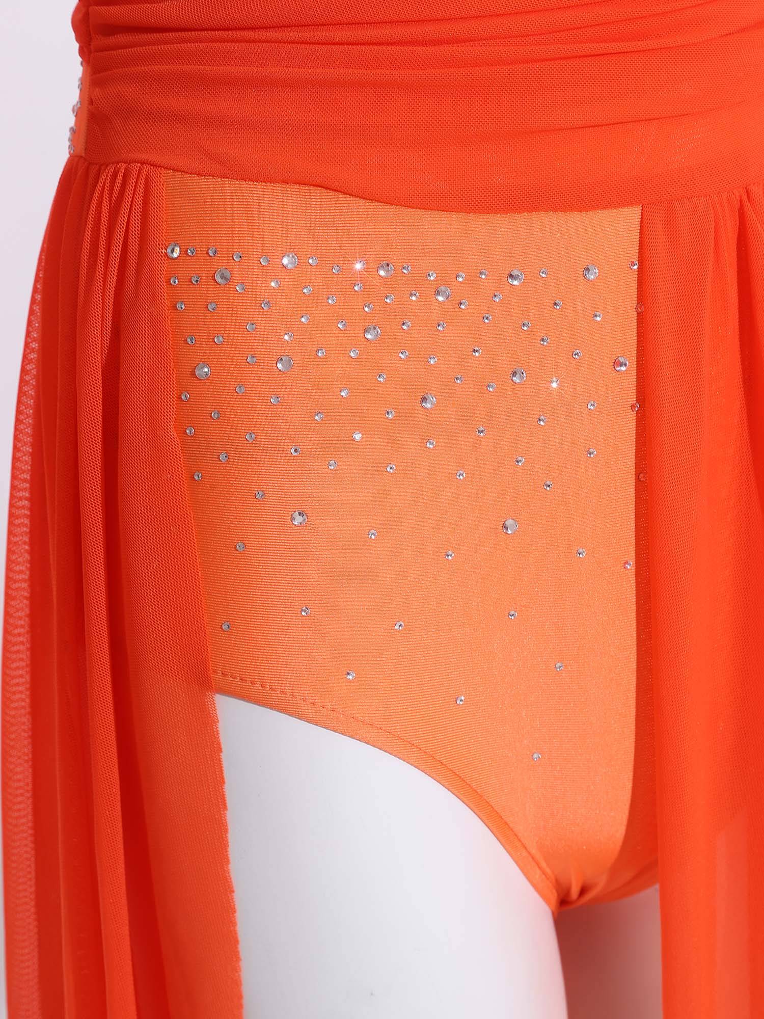 Women Rhinestone Long Sleeve Lyrical Dance Dress Side Slit Modern Dance Costume