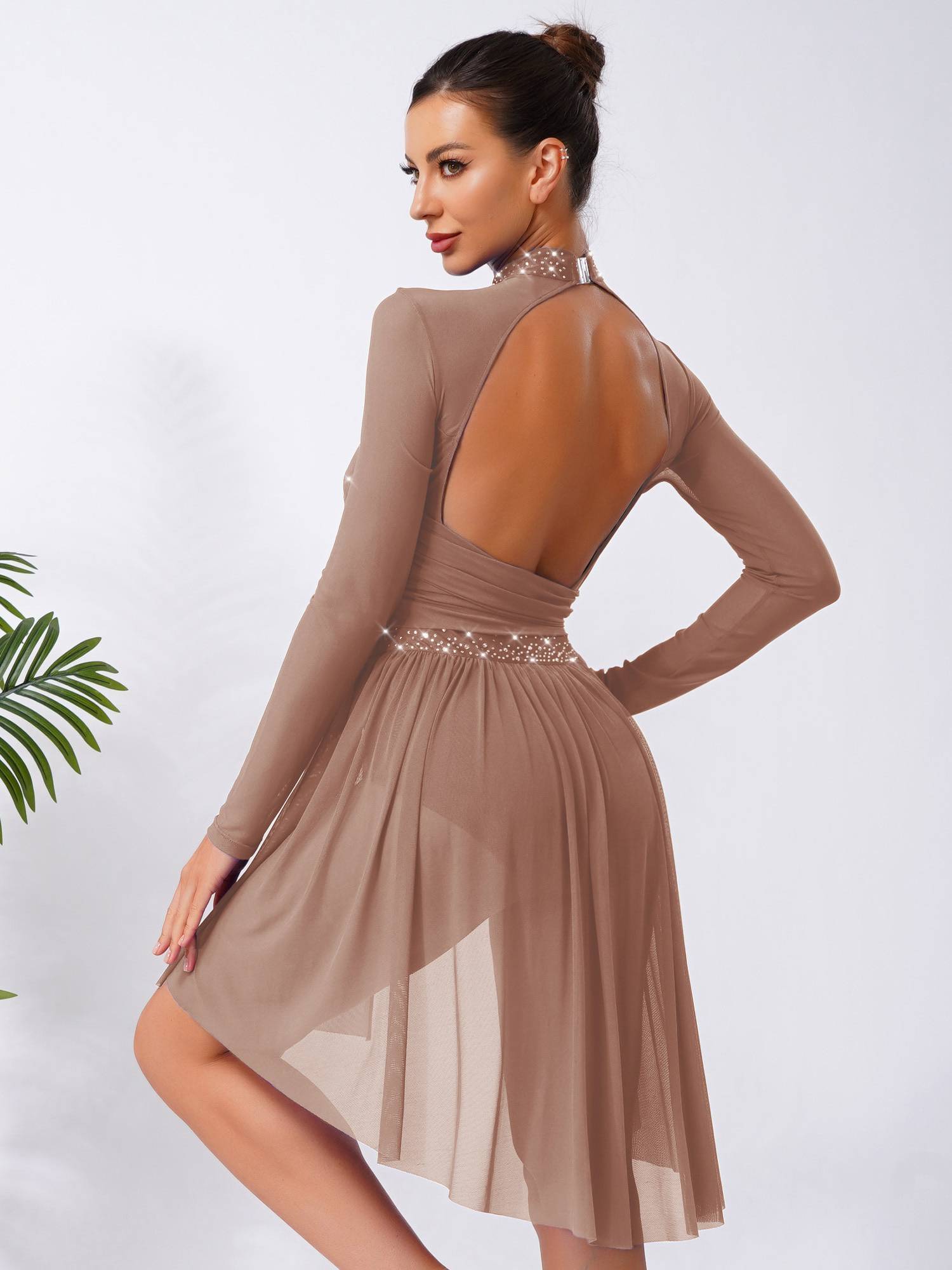 Women Rhinestone Long Sleeve Lyrical Dance Dress Side Slit Modern Dance Costume