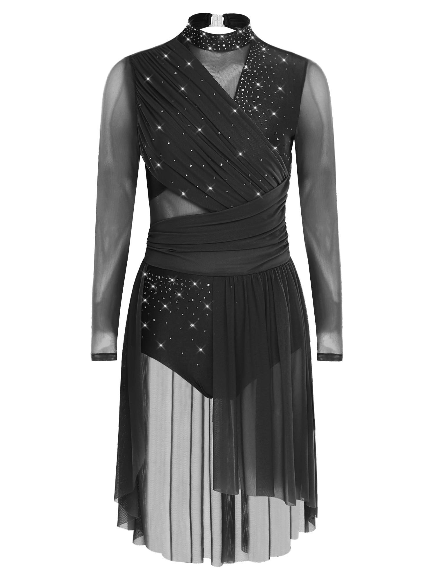 Women Rhinestone Long Sleeve Lyrical Dance Dress Side Slit Modern Dance Costume