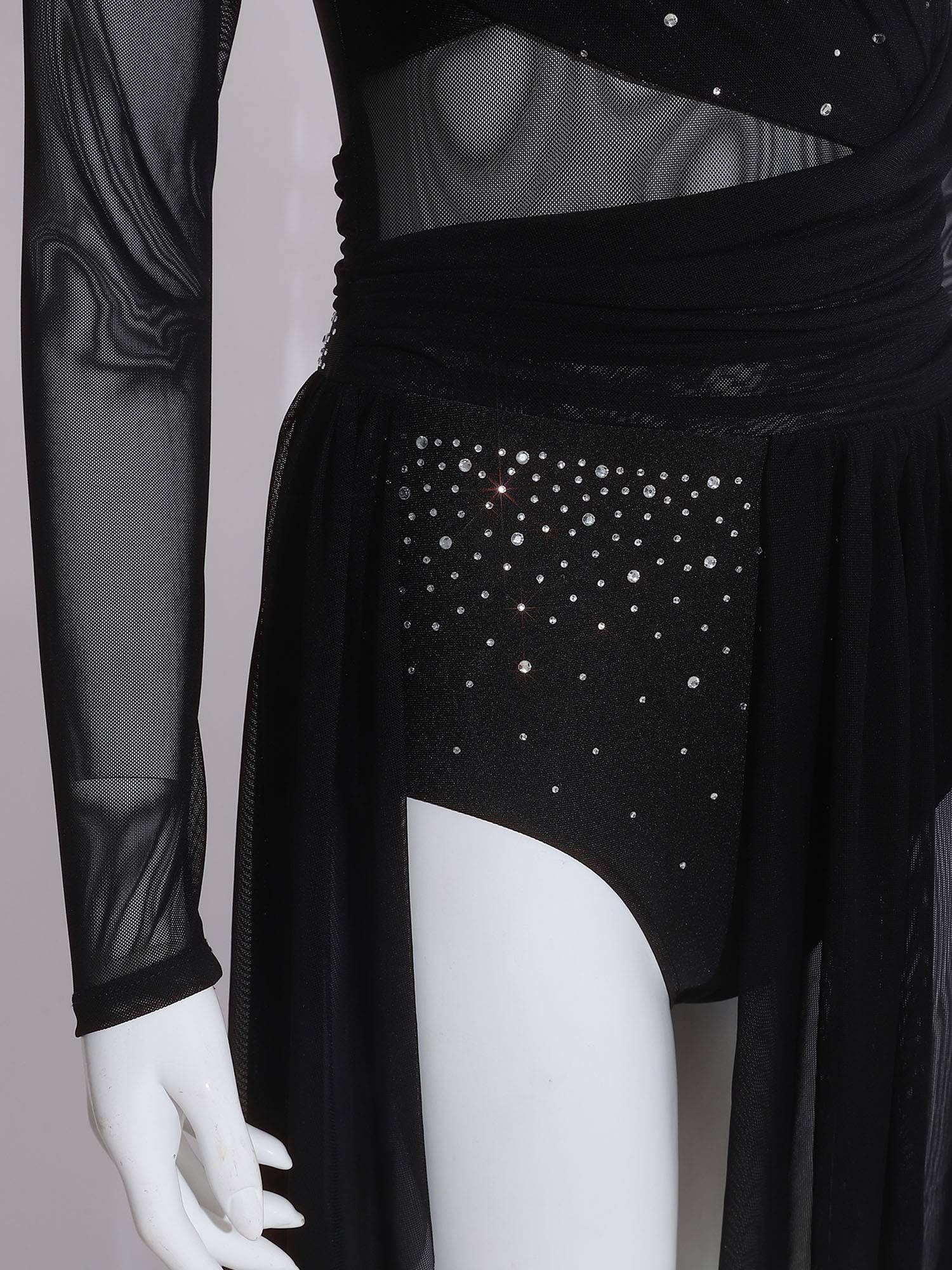 Women Rhinestone Long Sleeve Lyrical Dance Dress Side Slit Modern Dance Costume