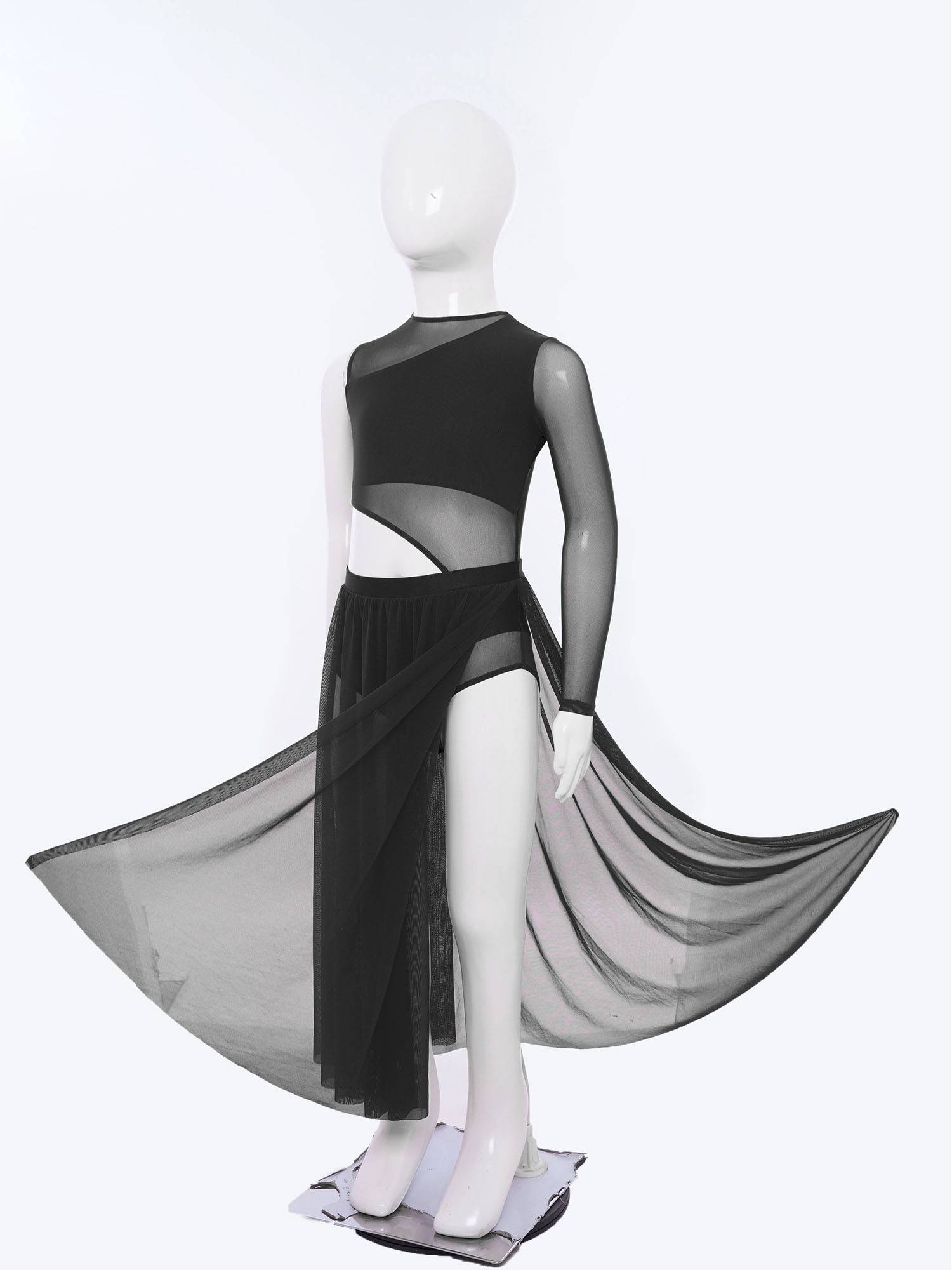 Girls One-Sleeve Asymmetrical Lyrical Dress Side Cutout Contemporary Dance Dress