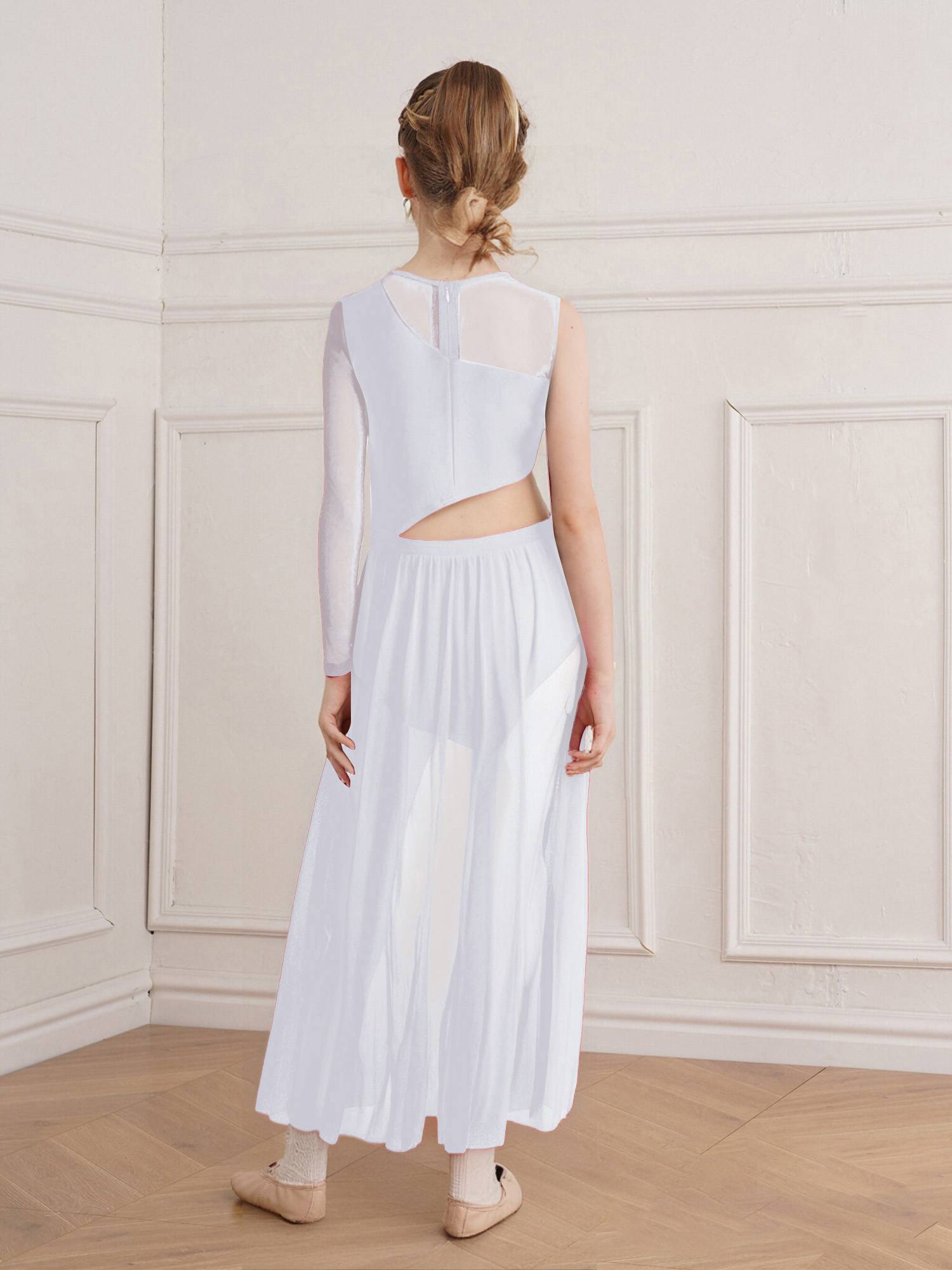 Girls One-Sleeve Asymmetrical Lyrical Dress Side Cutout Contemporary Dance Dress