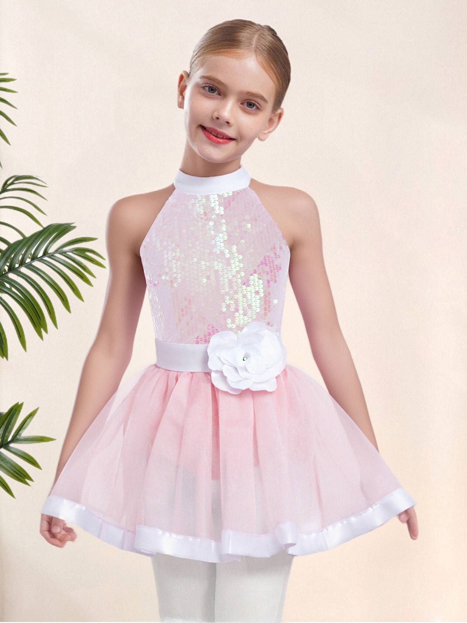 Girls Sequin Ballet Tutu Dress Sleeveless Tulle Dance Dress with Built-in Briefs