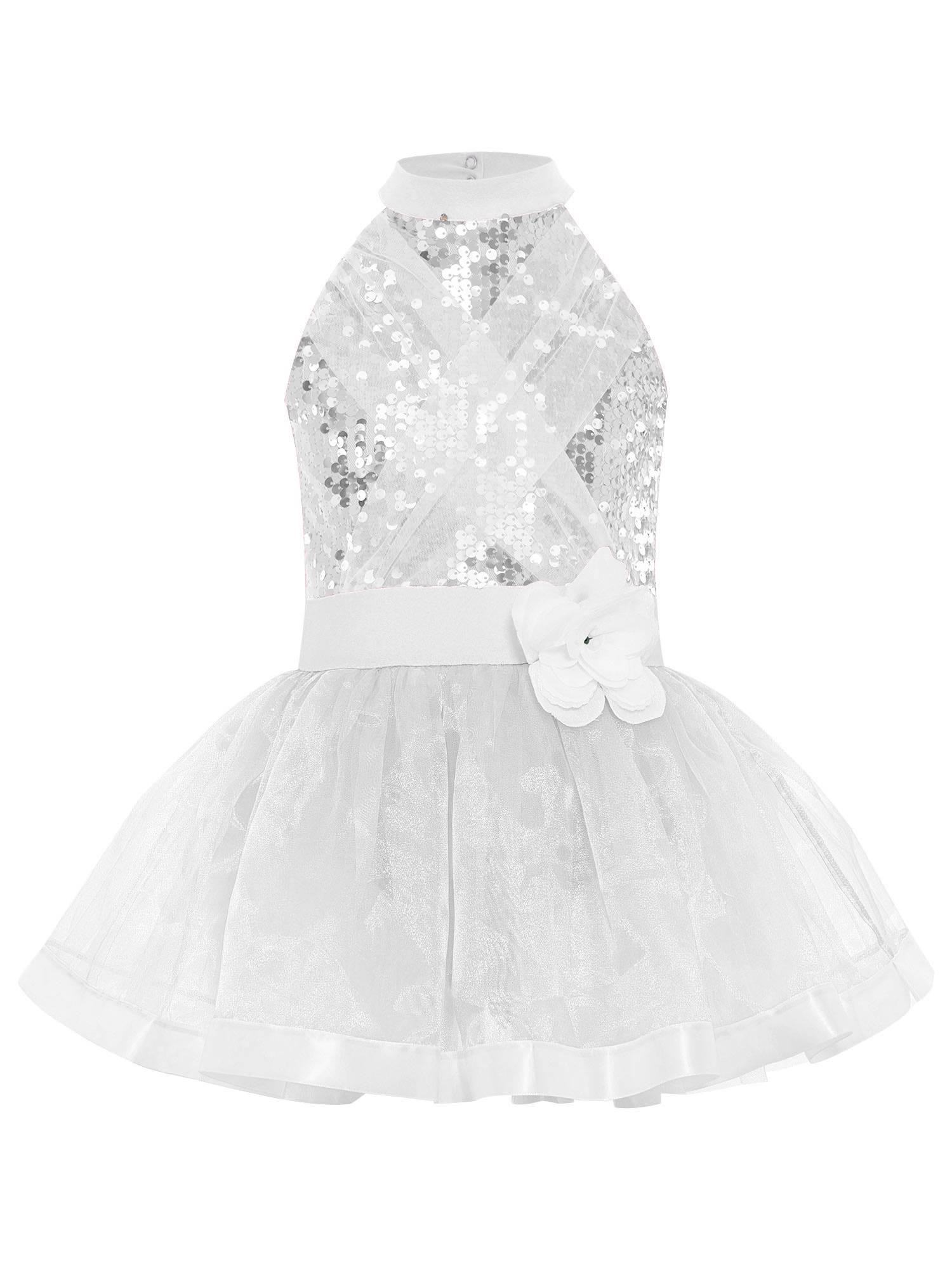 Girls Sequin Ballet Tutu Dress Sleeveless Tulle Dance Dress with Built-in Briefs