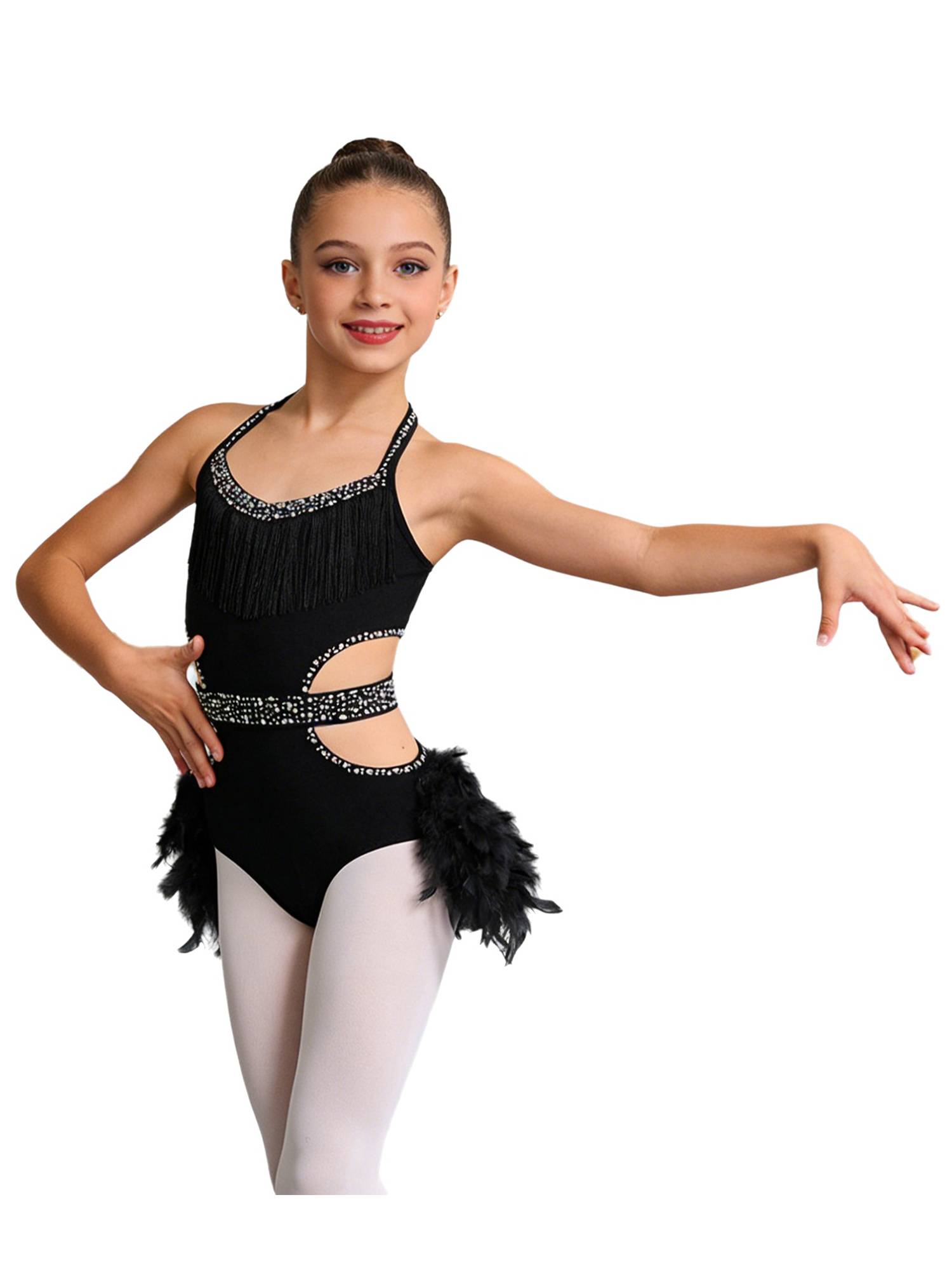 Girls Sleeveless Feather Rhinestone Latin Dance Dress Jazz Dance Leotard