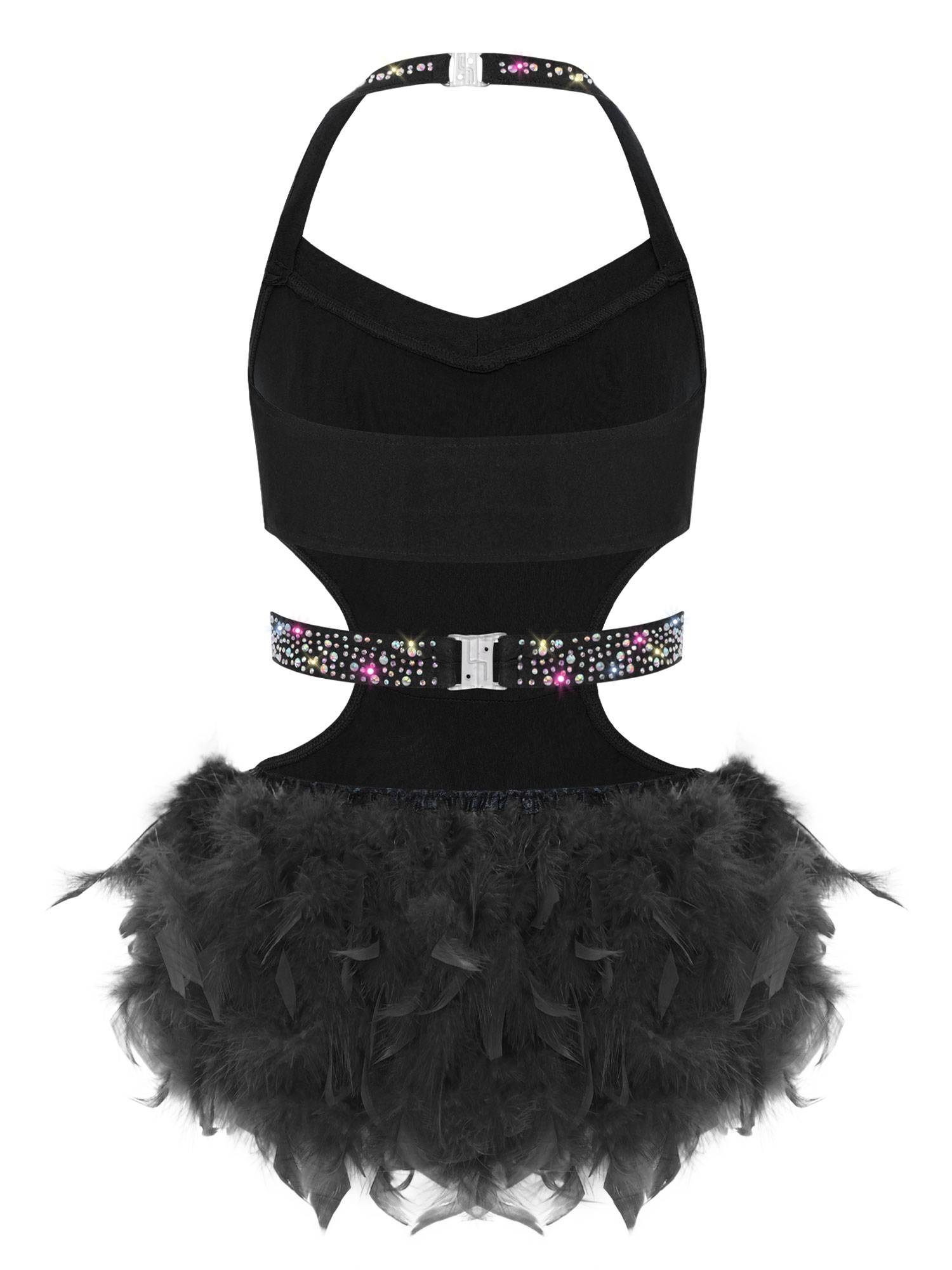Girls Sleeveless Feather Rhinestone Latin Dance Dress Jazz Dance Leotard