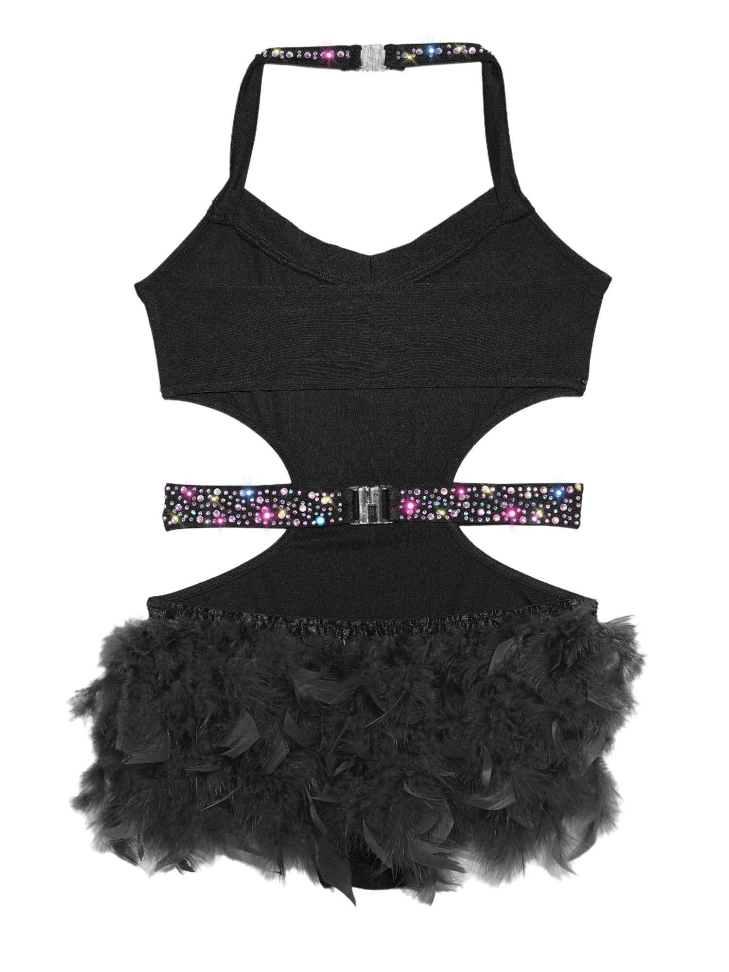 Girls Sleeveless Feather Rhinestone Latin Dance Dress Jazz Dance Leotard