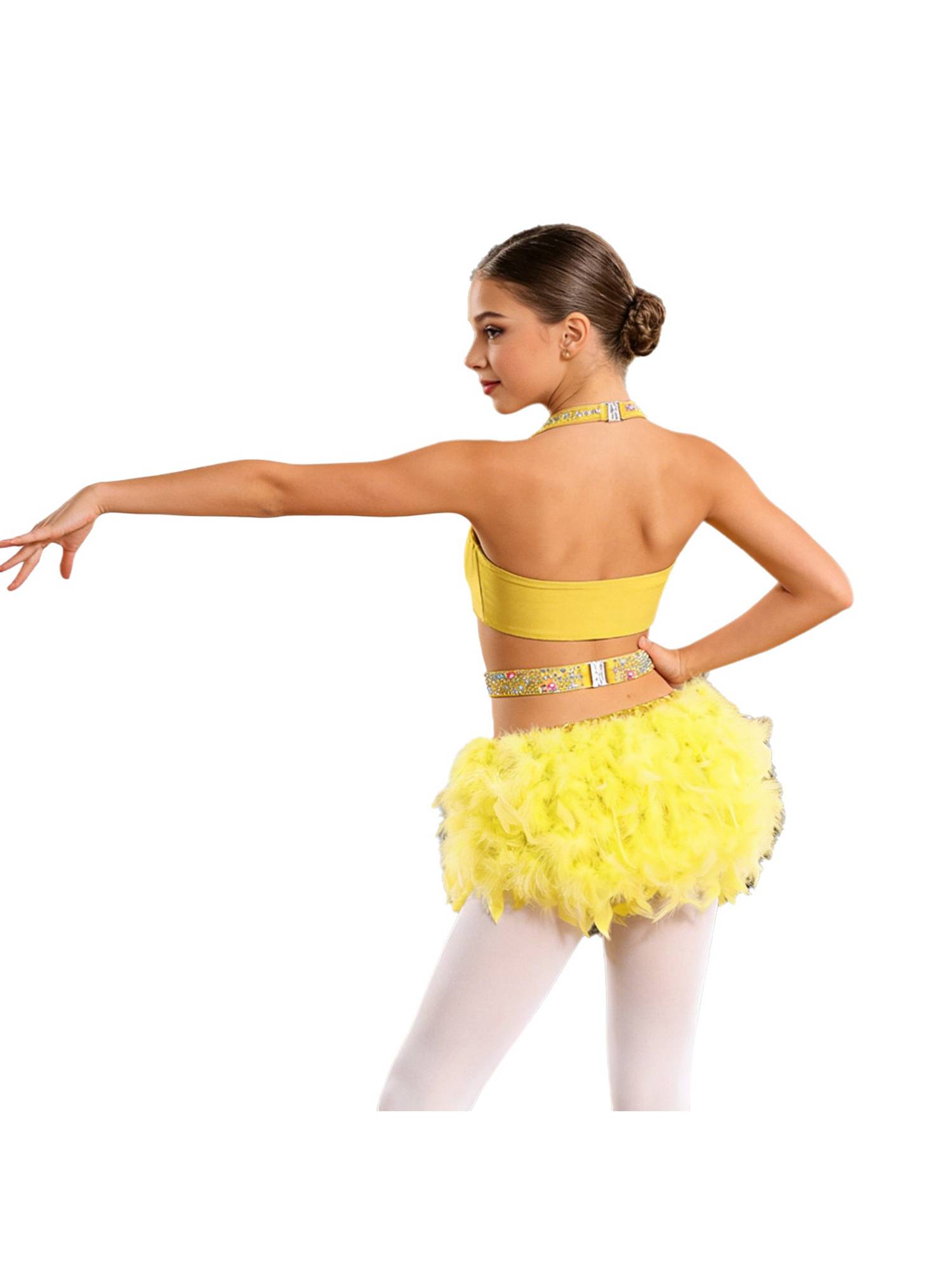 Girls Sleeveless Feather Rhinestone Latin Dance Dress Jazz Dance Leotard