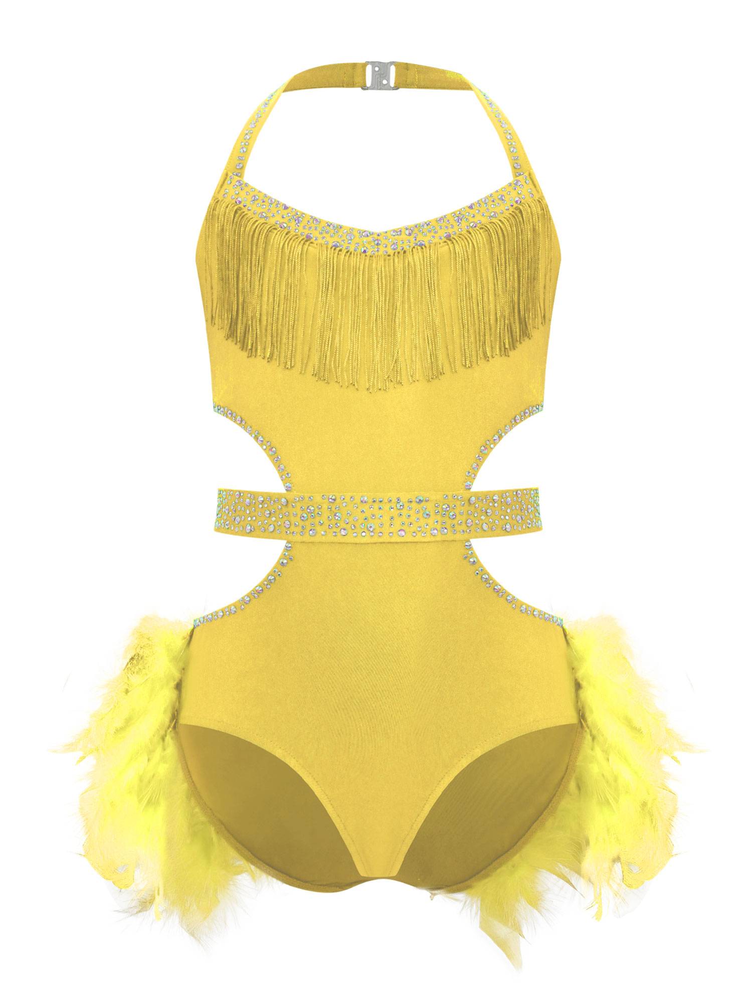 Girls Sleeveless Feather Rhinestone Latin Dance Dress Jazz Dance Leotard