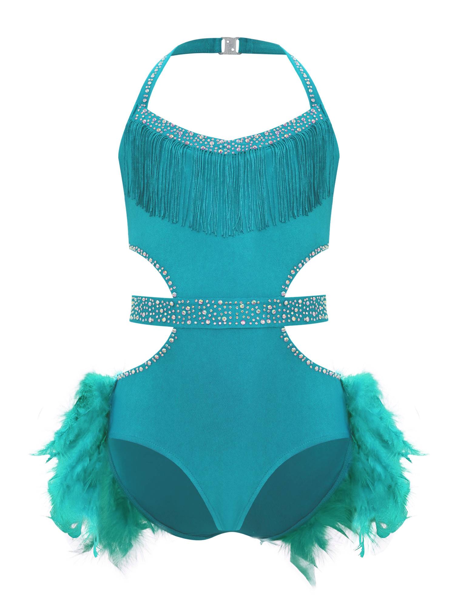 Girls Sleeveless Feather Rhinestone Latin Dance Dress Jazz Dance Leotard