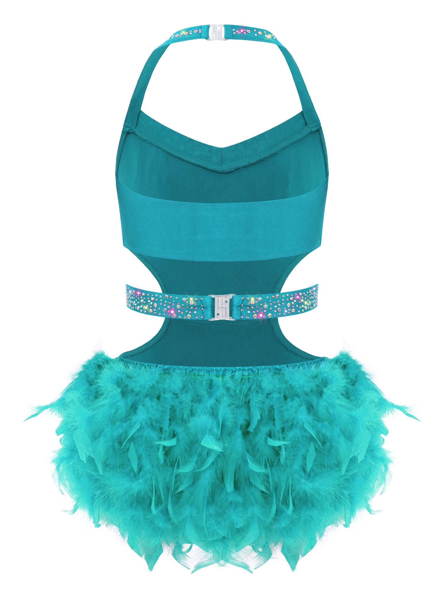 Girls Sleeveless Feather Rhinestone Latin Dance Dress Jazz Dance Leotard