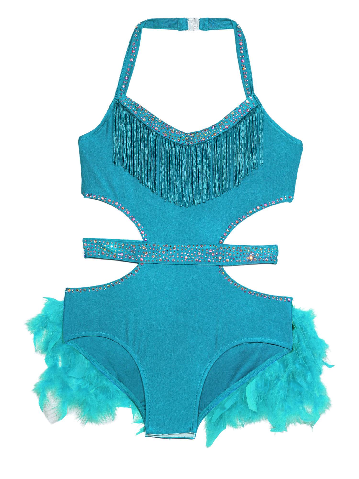 Girls Sleeveless Feather Rhinestone Latin Dance Dress Jazz Dance Leotard