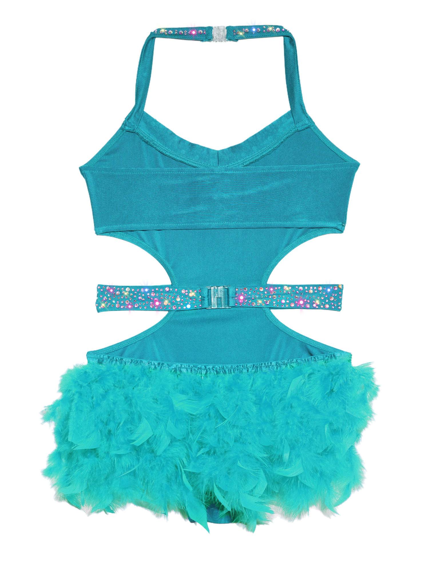 Girls Sleeveless Feather Rhinestone Latin Dance Dress Jazz Dance Leotard