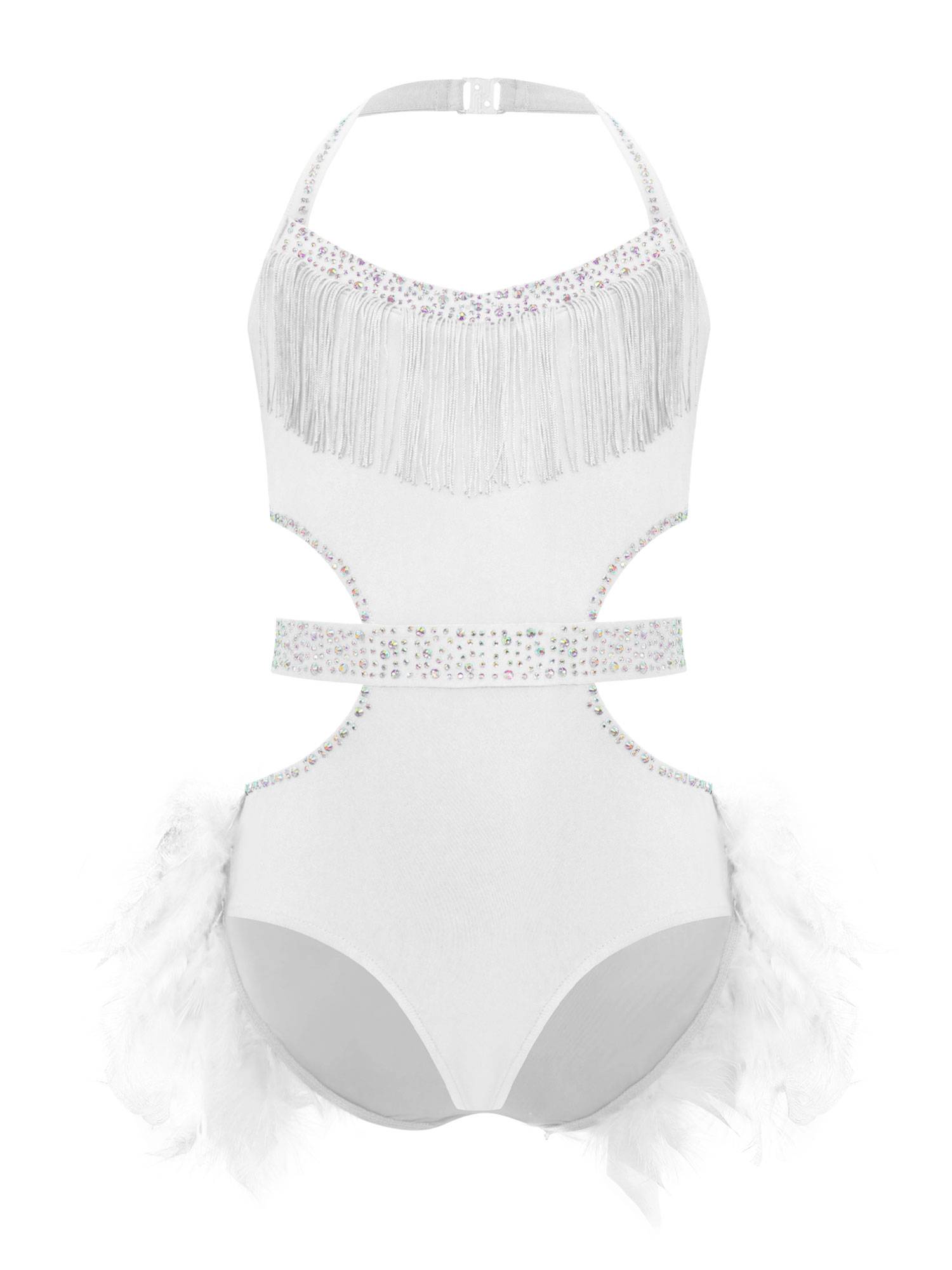 Girls Sleeveless Feather Rhinestone Latin Dance Dress Jazz Dance Leotard