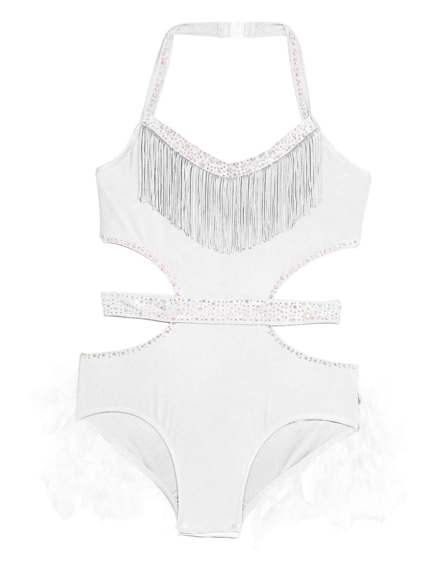 Girls Sleeveless Feather Rhinestone Latin Dance Dress Jazz Dance Leotard