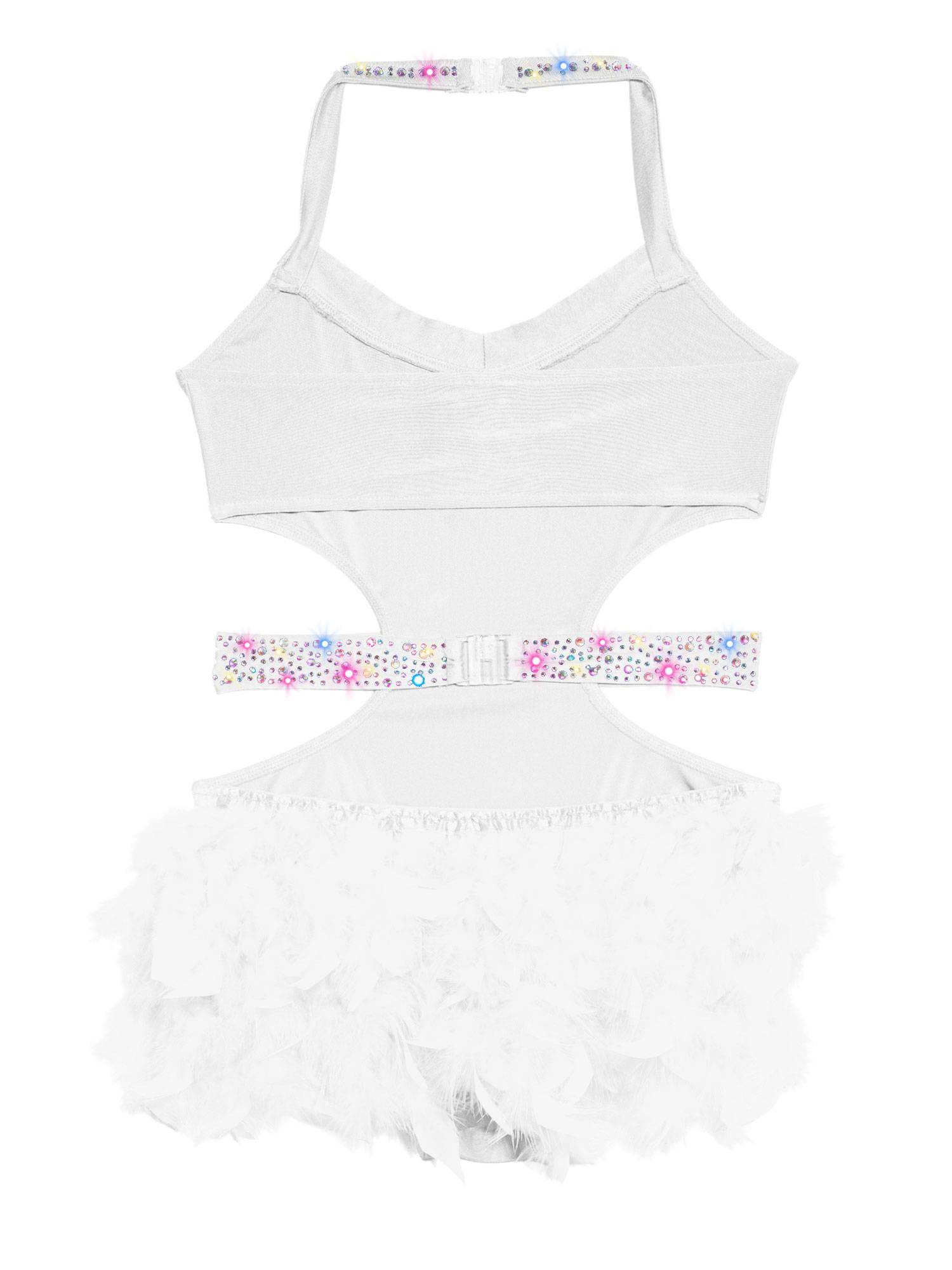 Girls Sleeveless Feather Rhinestone Latin Dance Dress Jazz Dance Leotard