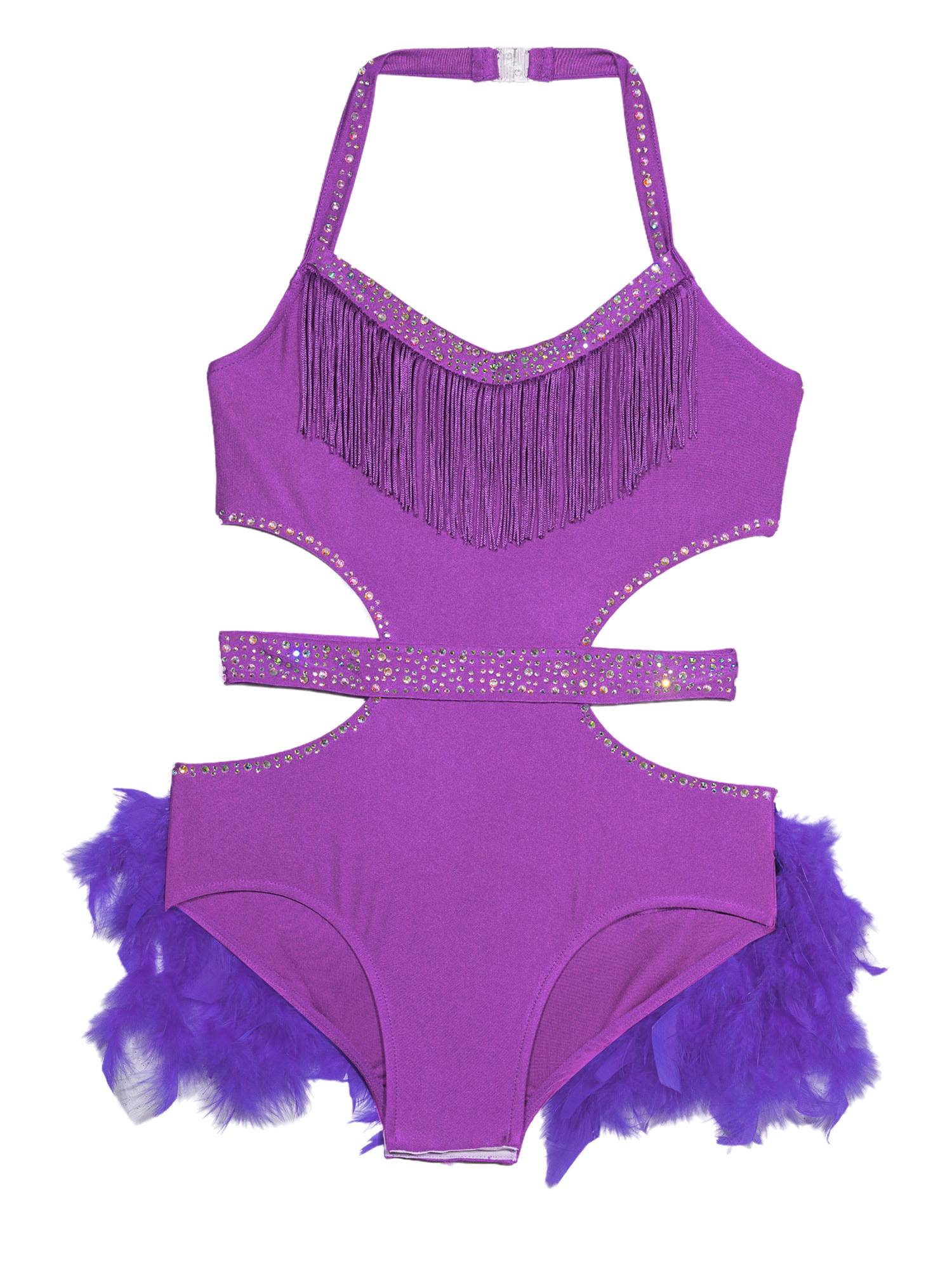 Girls Sleeveless Feather Rhinestone Latin Dance Dress Jazz Dance Leotard