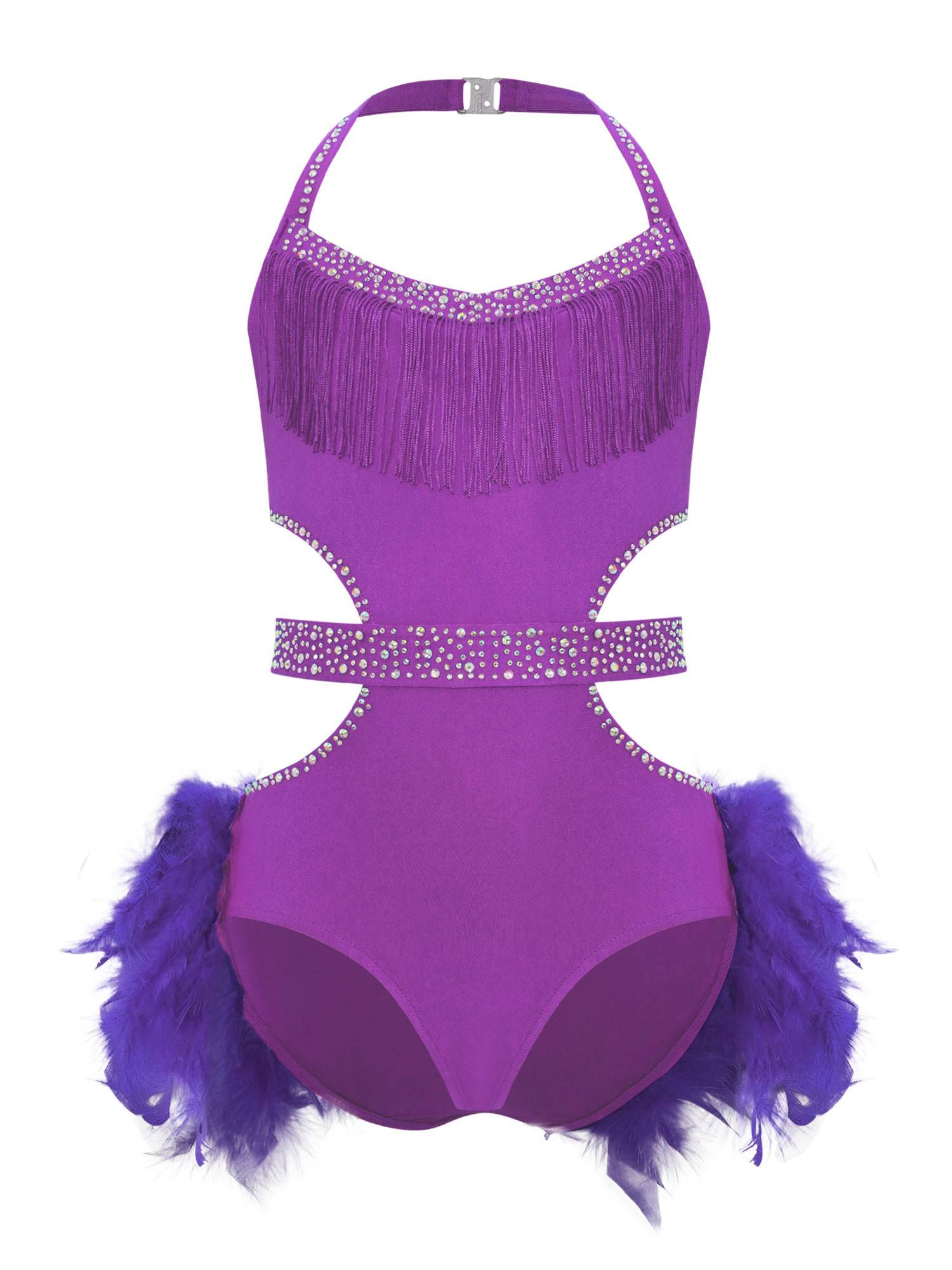 Girls Sleeveless Feather Rhinestone Latin Dance Dress Jazz Dance Leotard