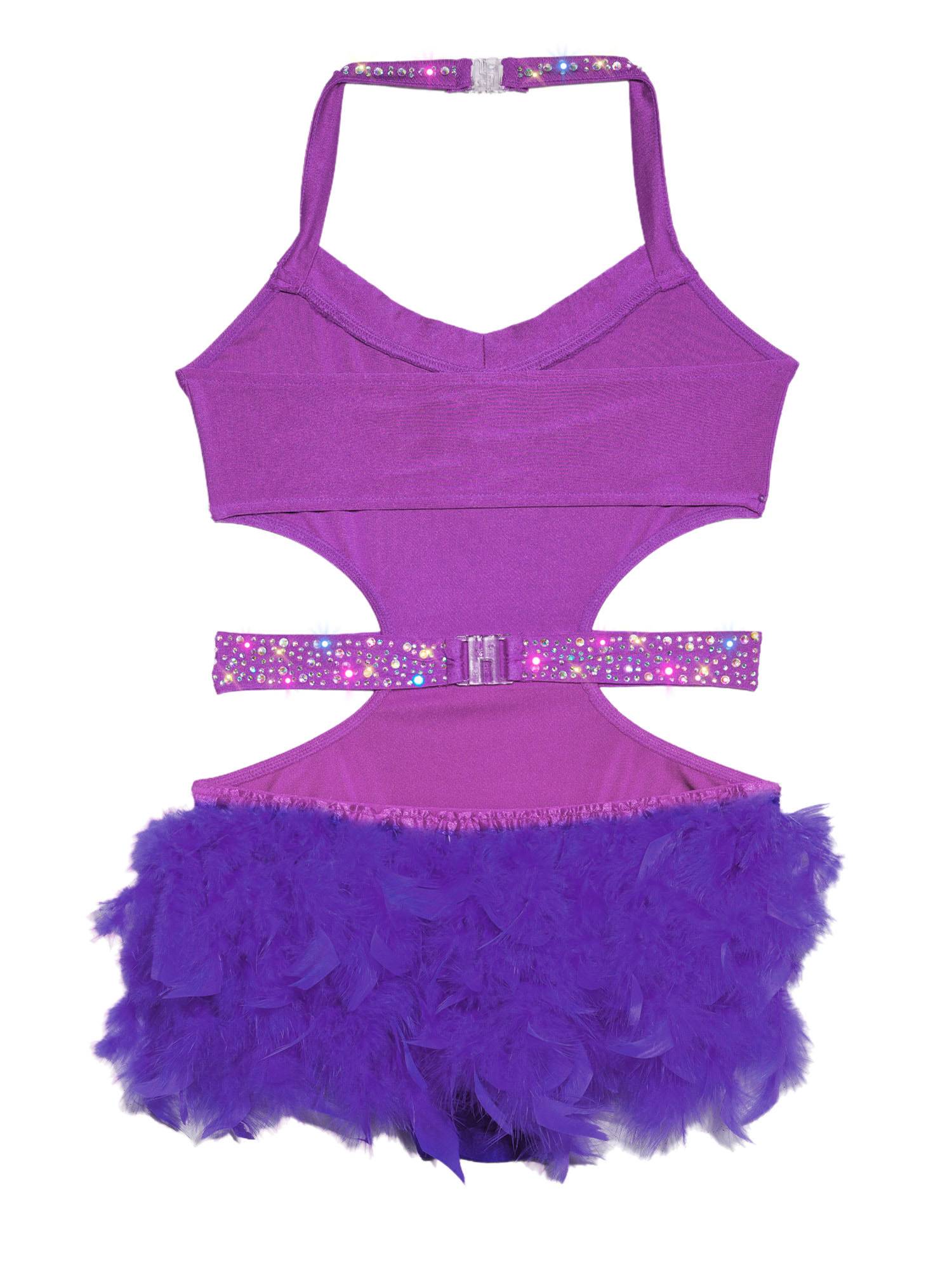 Girls Sleeveless Feather Rhinestone Latin Dance Dress Jazz Dance Leotard