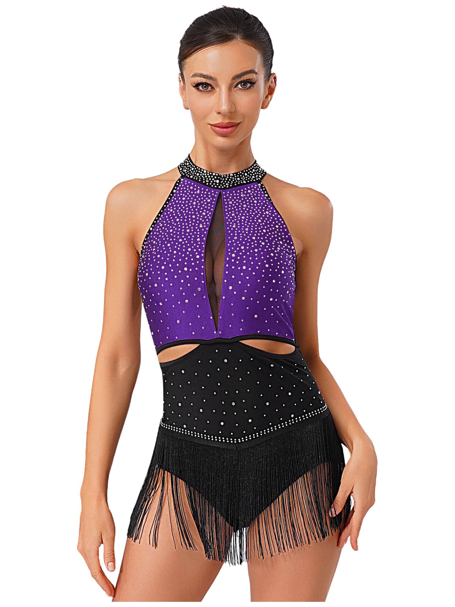 Women's Rhinestone Fringe Latin Dance Dress for Cha-Cha, Rumba & Gymnastics