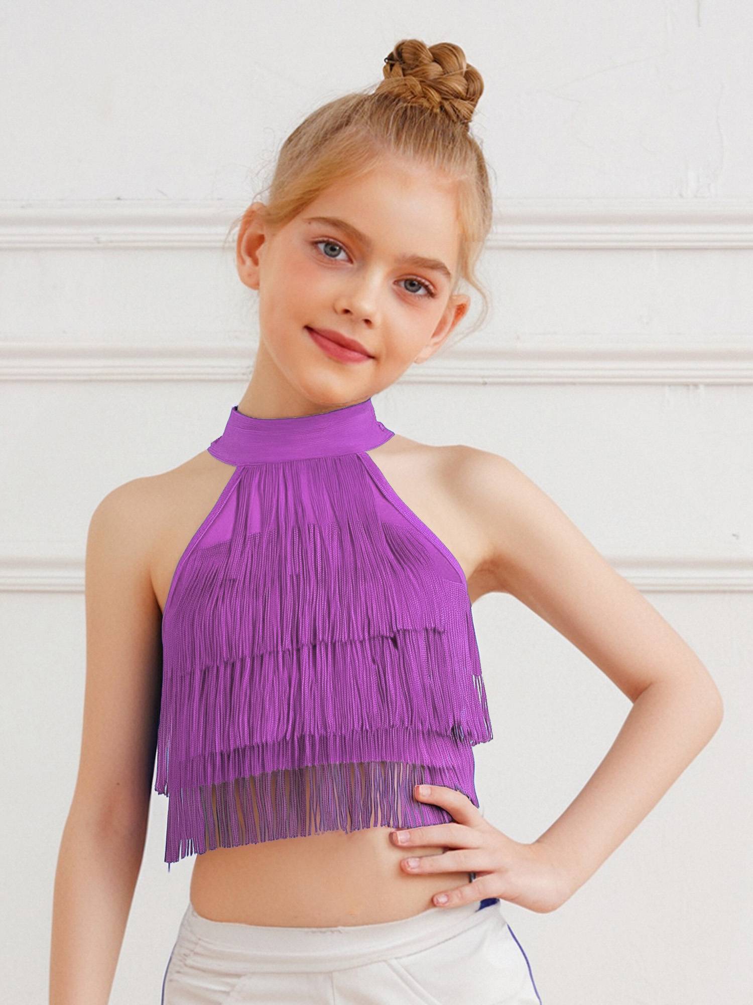 Girls Sleeveless Tiered Tassels Latin Salsa Dance Crop Top