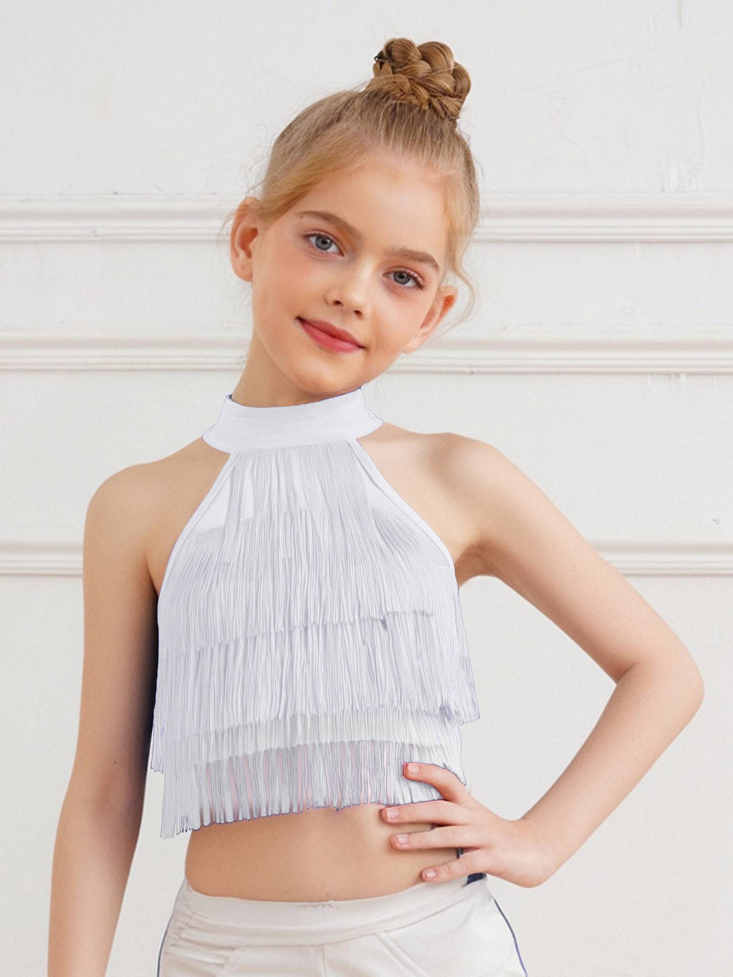 Girls Sleeveless Tiered Tassels Latin Salsa Dance Crop Top