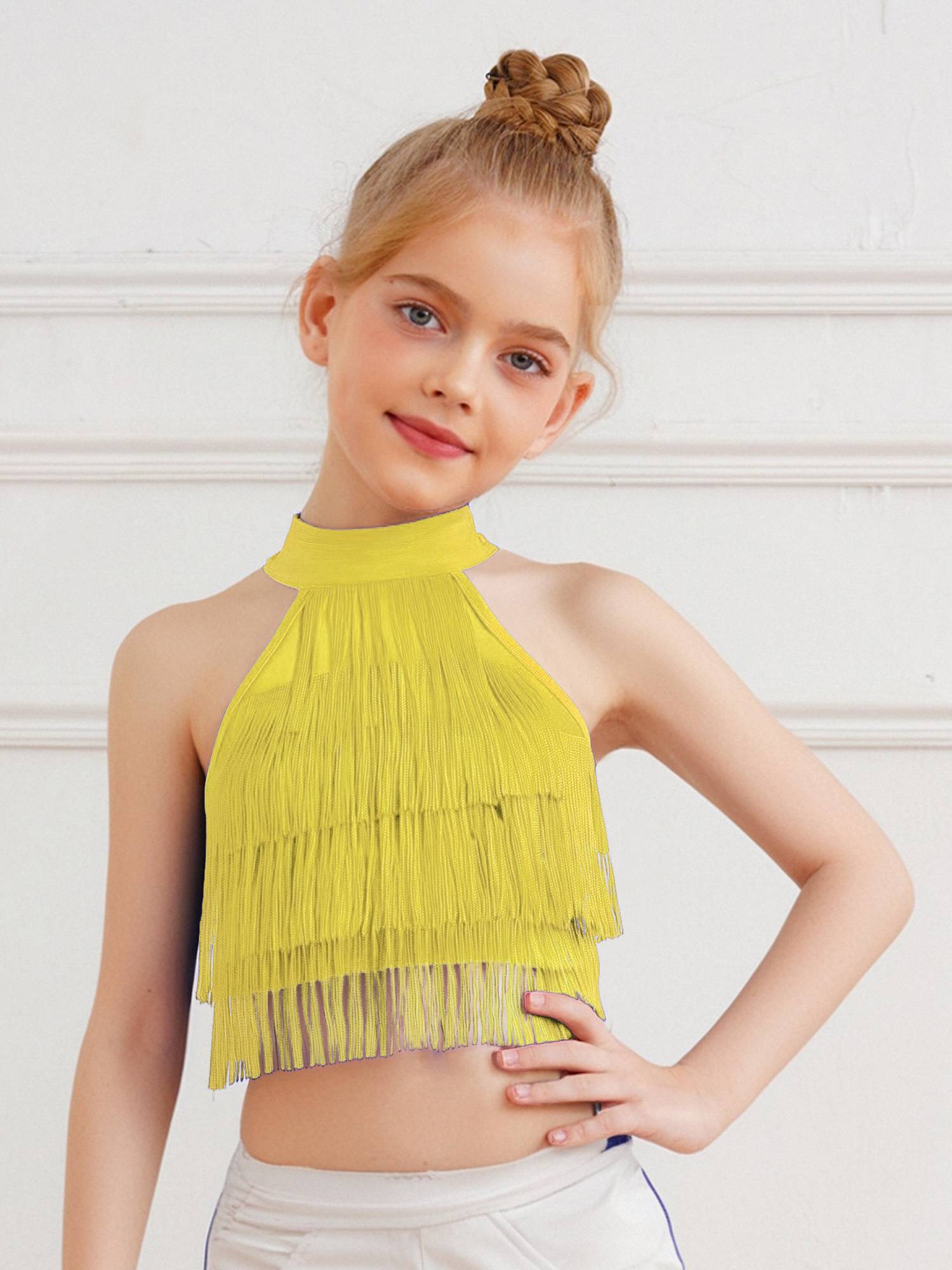 Girls Sleeveless Tiered Tassels Latin Salsa Dance Crop Top