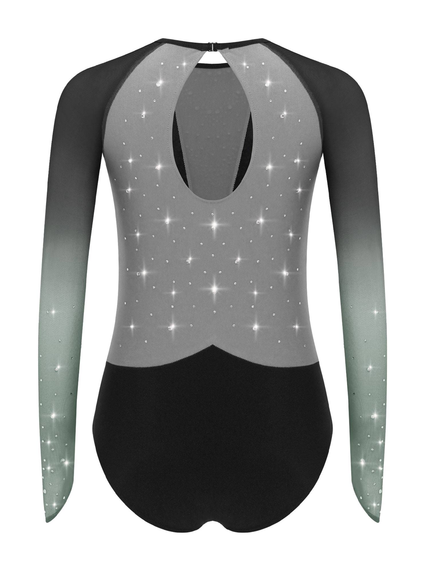 Girls Rhinestone Long Sleeve Gymnastics Leotard Figure Skating Bodysuit