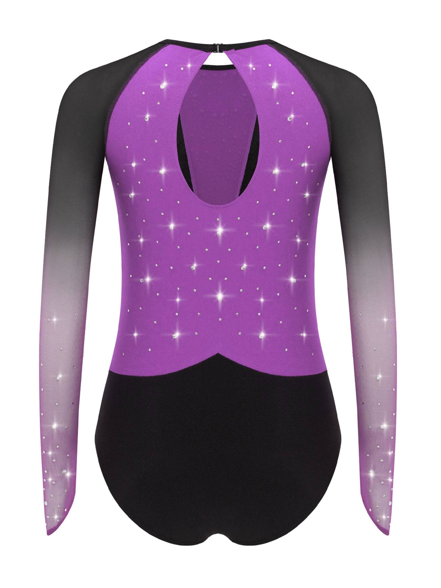 Girls Rhinestone Long Sleeve Gymnastics Leotard Figure Skating Bodysuit