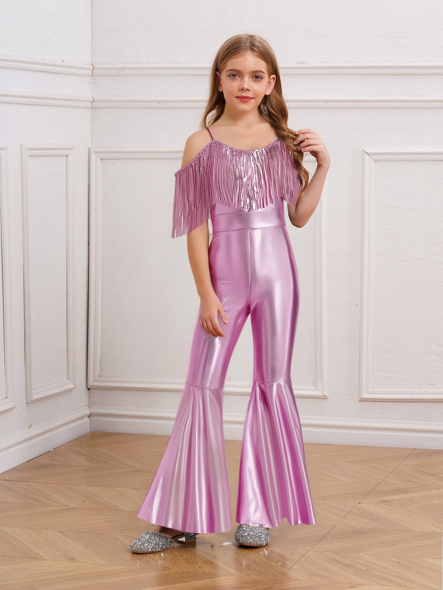 Girls Sequin Party Jumpsuit Spaghetti Strap High Waist Flared Leg Prom Costume