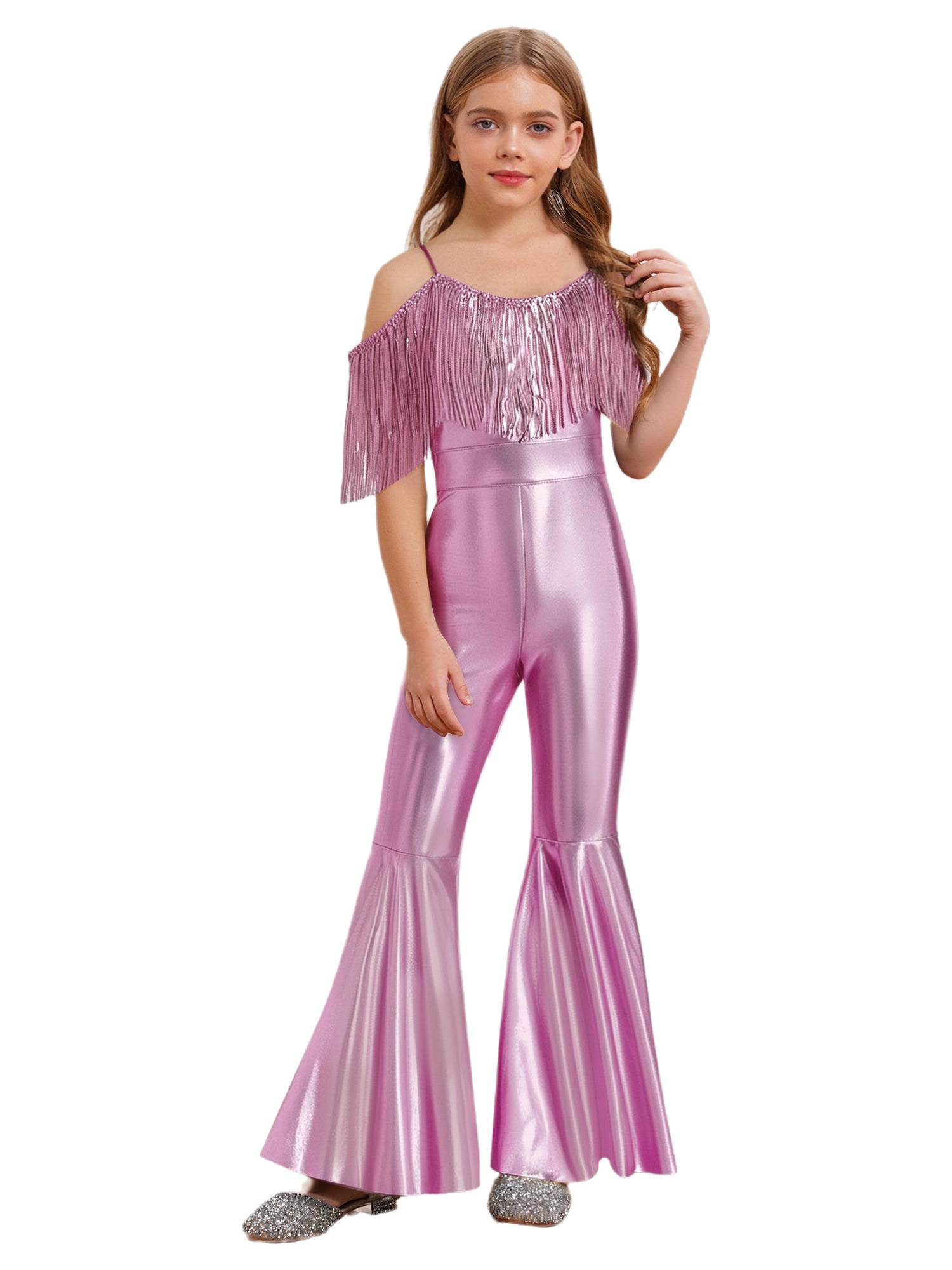 Girls Sequin Party Jumpsuit Spaghetti Strap High Waist Flared Leg Prom Costume