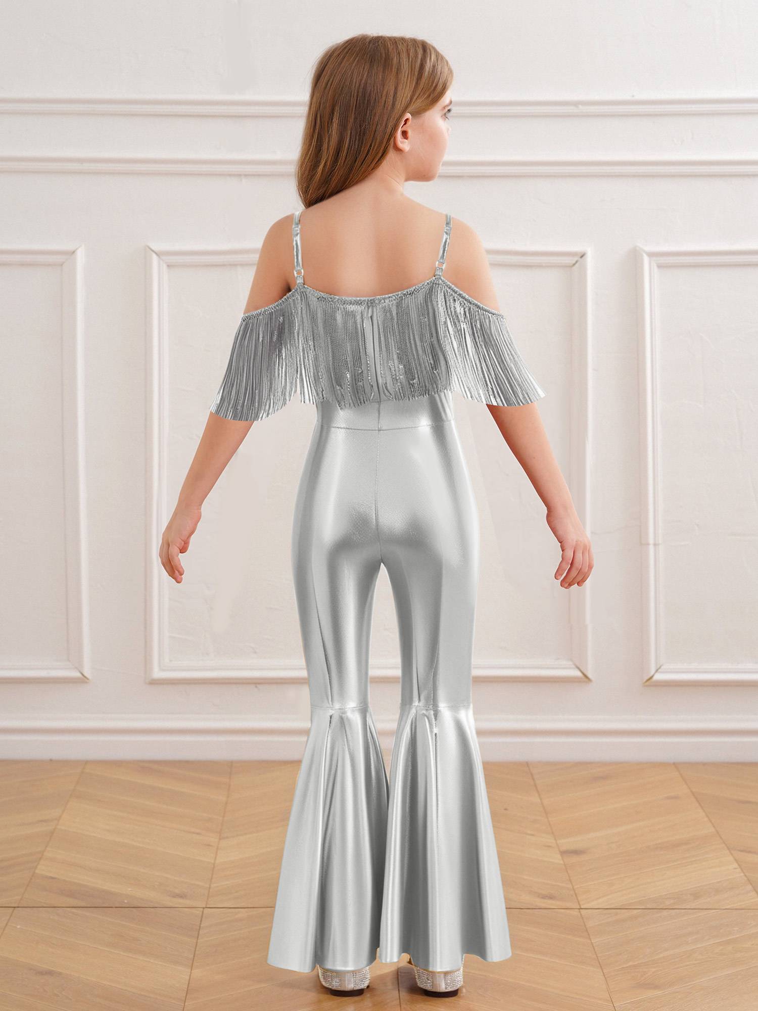 Girls Sequin Party Jumpsuit Spaghetti Strap High Waist Flared Leg Prom Costume