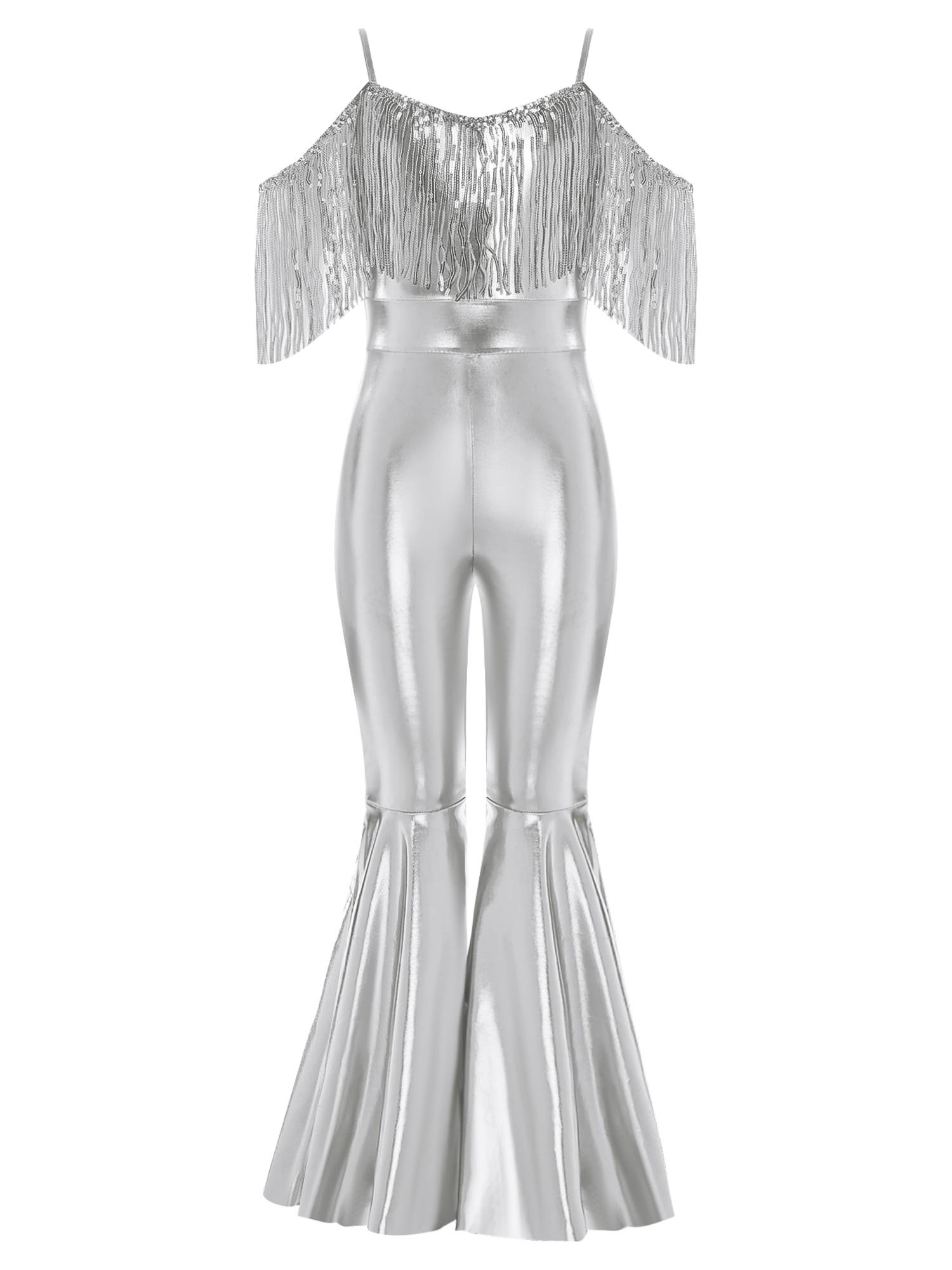 Girls Sequin Party Jumpsuit Spaghetti Strap High Waist Flared Leg Prom Costume