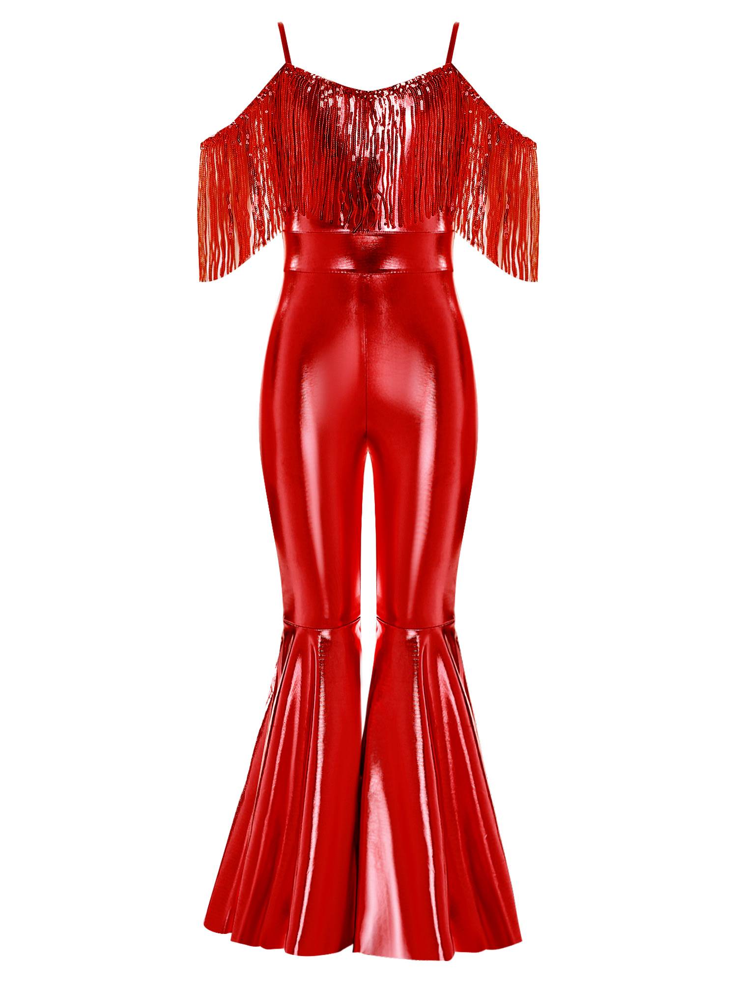 Girls Sequin Party Jumpsuit Spaghetti Strap High Waist Flared Leg Prom Costume