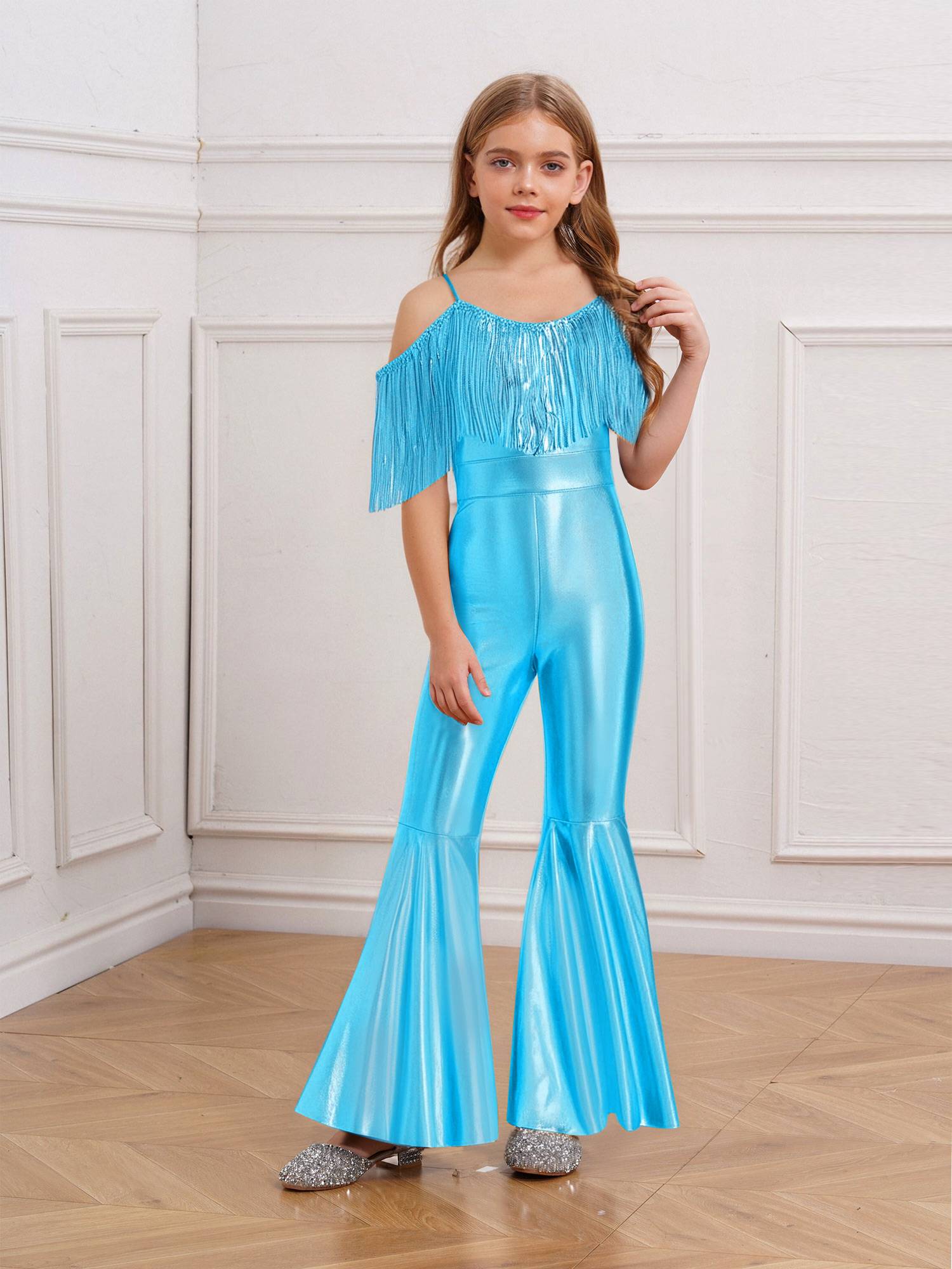 Girls Sequin Party Jumpsuit Spaghetti Strap High Waist Flared Leg Prom Costume