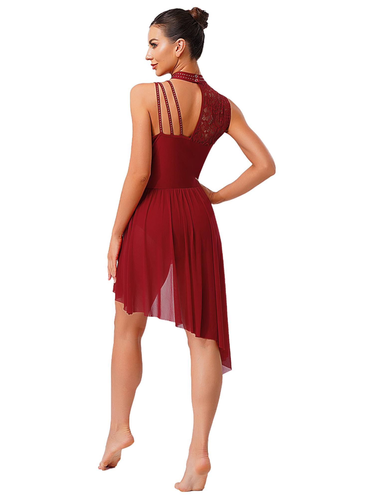 Women Floral Lace Lyrical Dance Dress Sleeveless Asymmetrical Jazz Costume