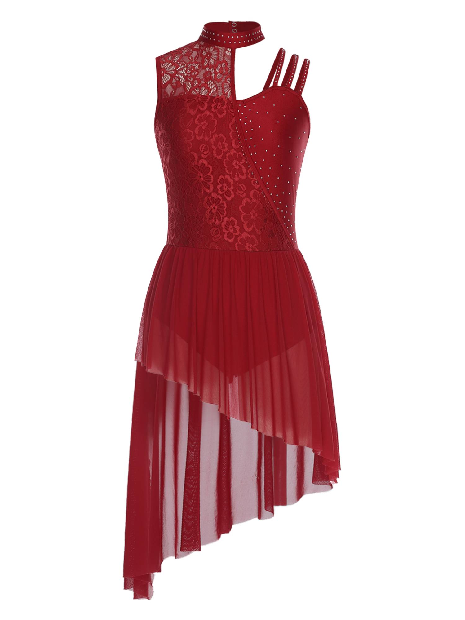 Women Floral Lace Lyrical Dance Dress Sleeveless Asymmetrical Jazz Costume