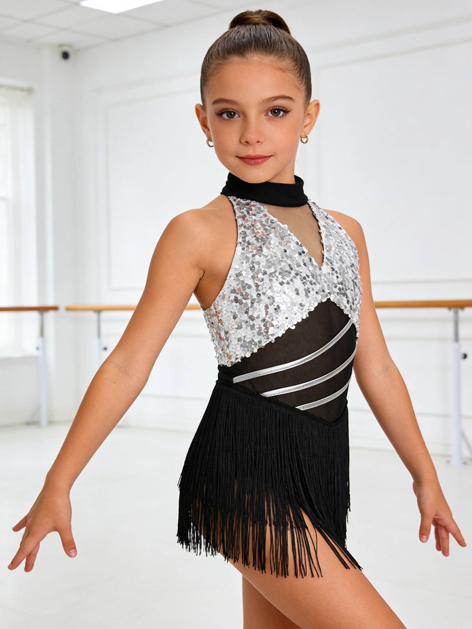 Girls Sequin Tassels Latin Dance Dress Cha-cha Sleeveless Salsa Dance Costume