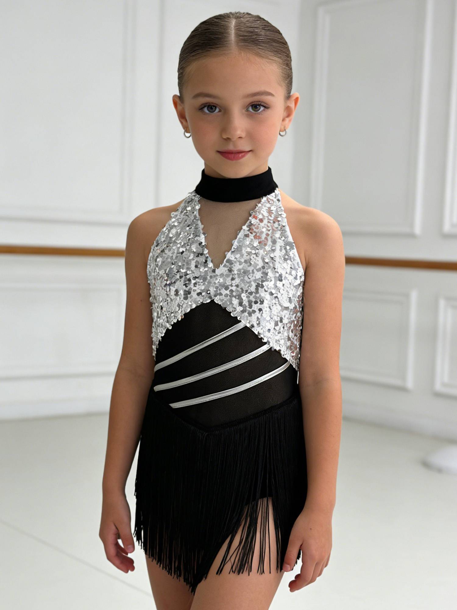 Girls Sequin Tassels Latin Dance Dress Cha-cha Sleeveless Salsa Dance Costume