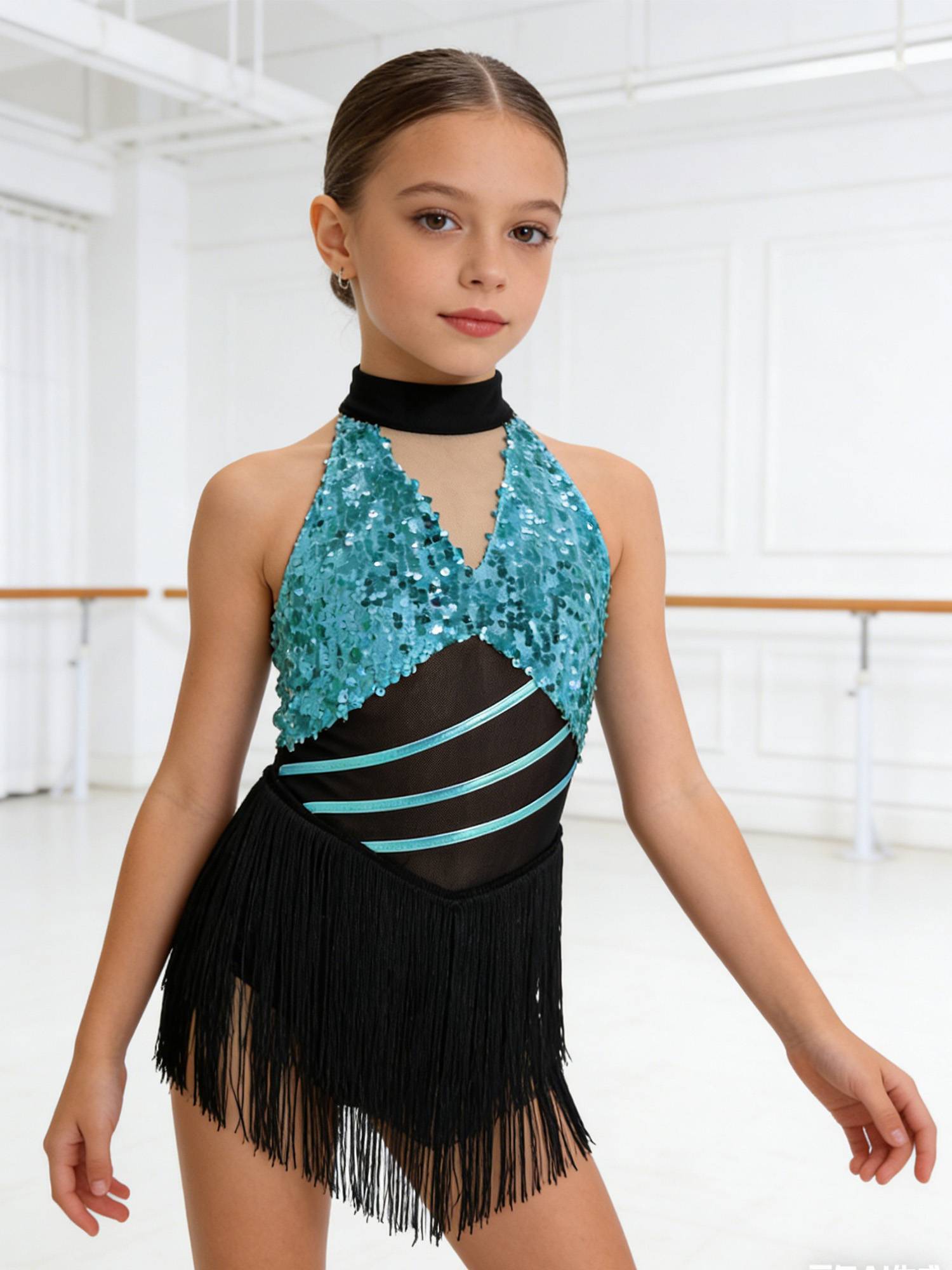 Girls Sequin Tassels Latin Dance Dress Cha-cha Sleeveless Salsa Dance Costume
