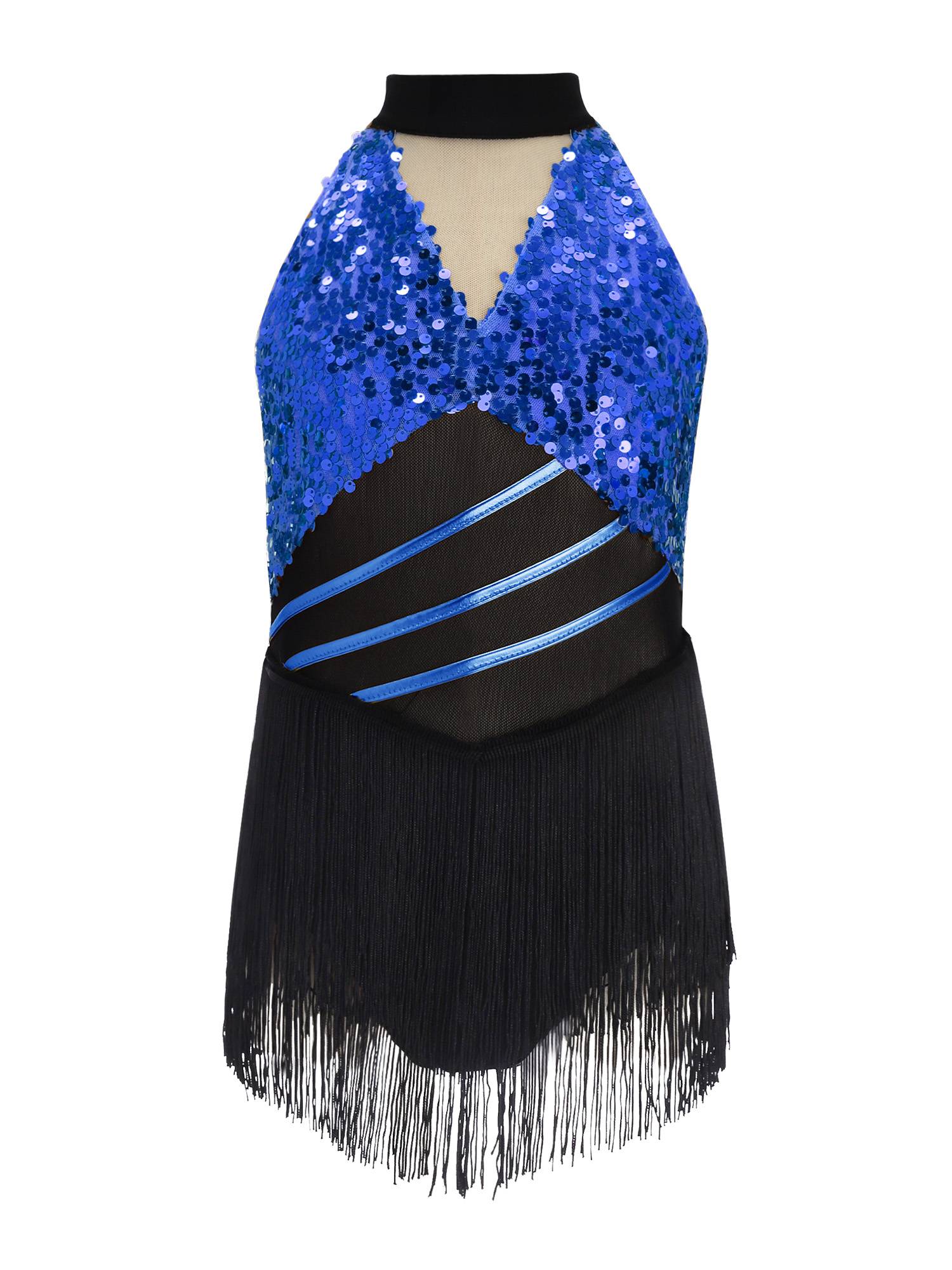 Girls Sequin Tassels Latin Dance Dress Cha-cha Sleeveless Salsa Dance Costume