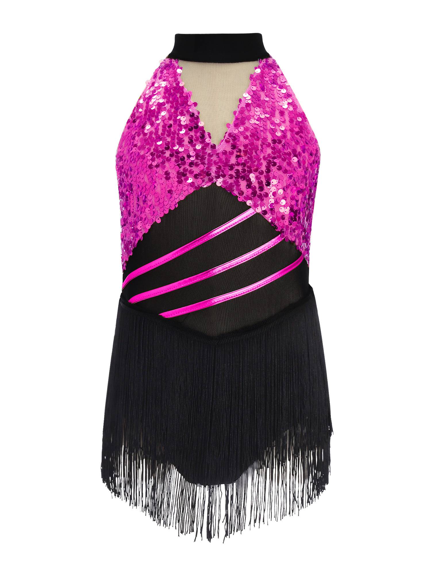 Girls Sequin Tassels Latin Dance Dress Cha-cha Sleeveless Salsa Dance Costume