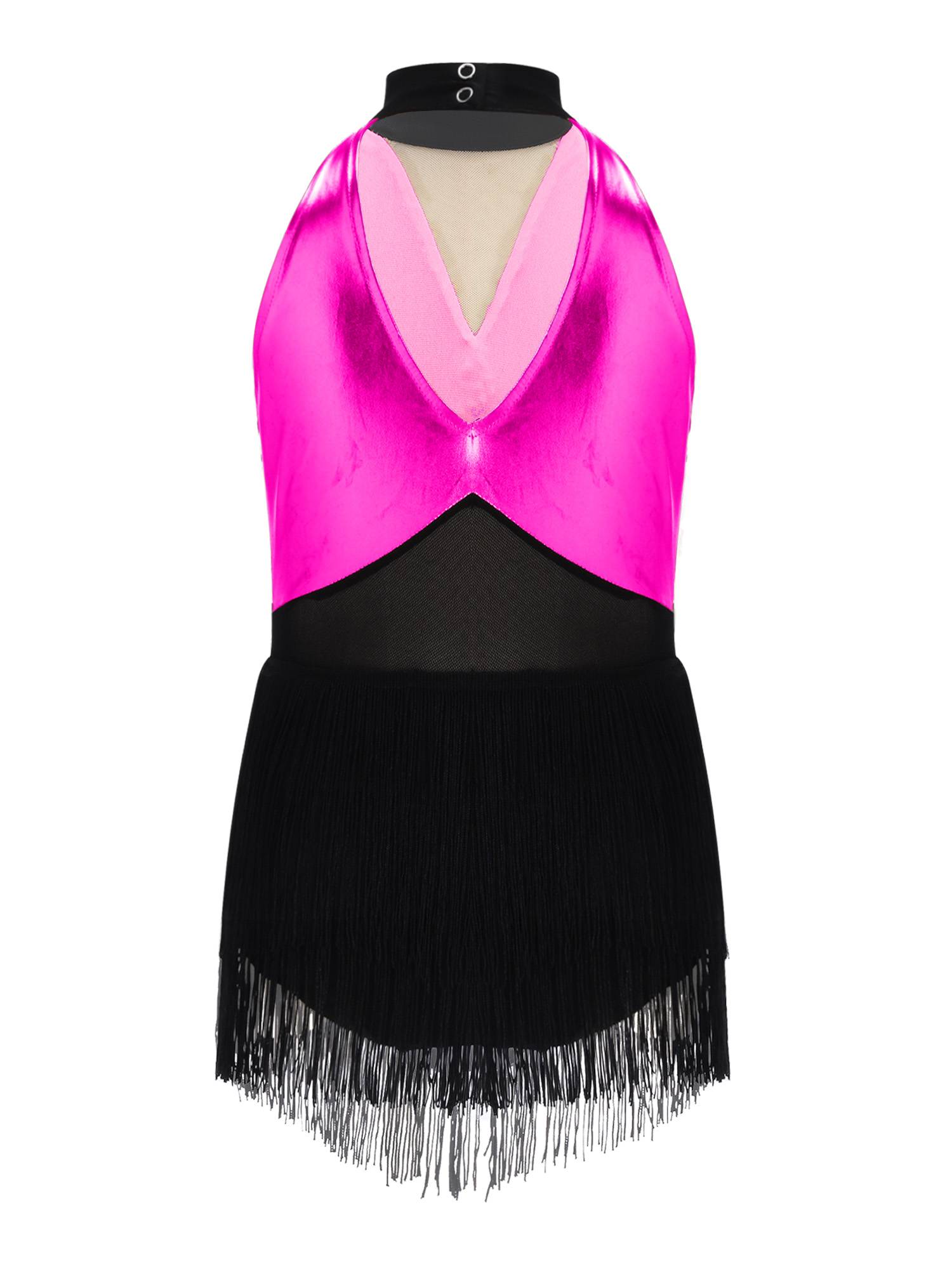 Girls Sequin Tassels Latin Dance Dress Cha-cha Sleeveless Salsa Dance Costume